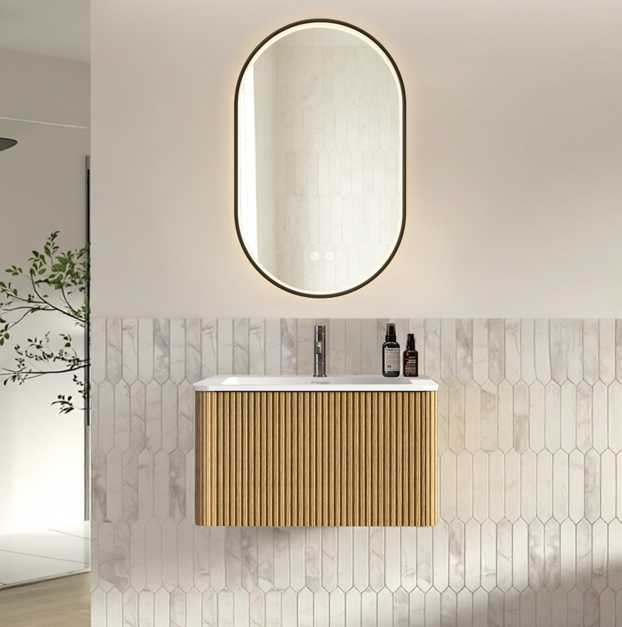 Badezimmermöbel Mit Waschbecken Und Spiegel 80 Cm, Wandhängend, Led, Eiche Havrya