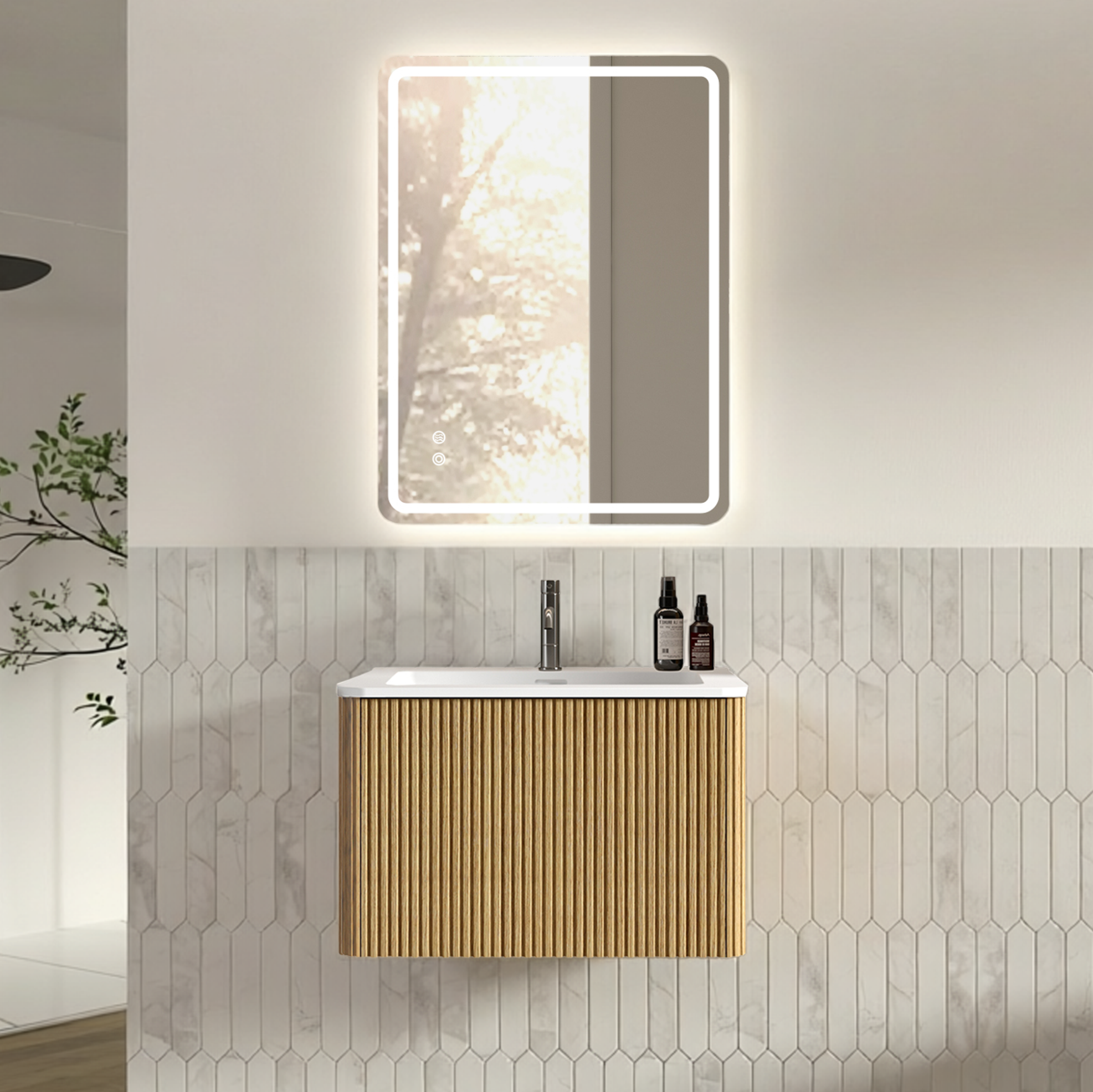Badmöbel Mit 60-cm-waschtisch Und Led-spiegel 60 X 80 Cm, Vormontiert, Eiche Havrya