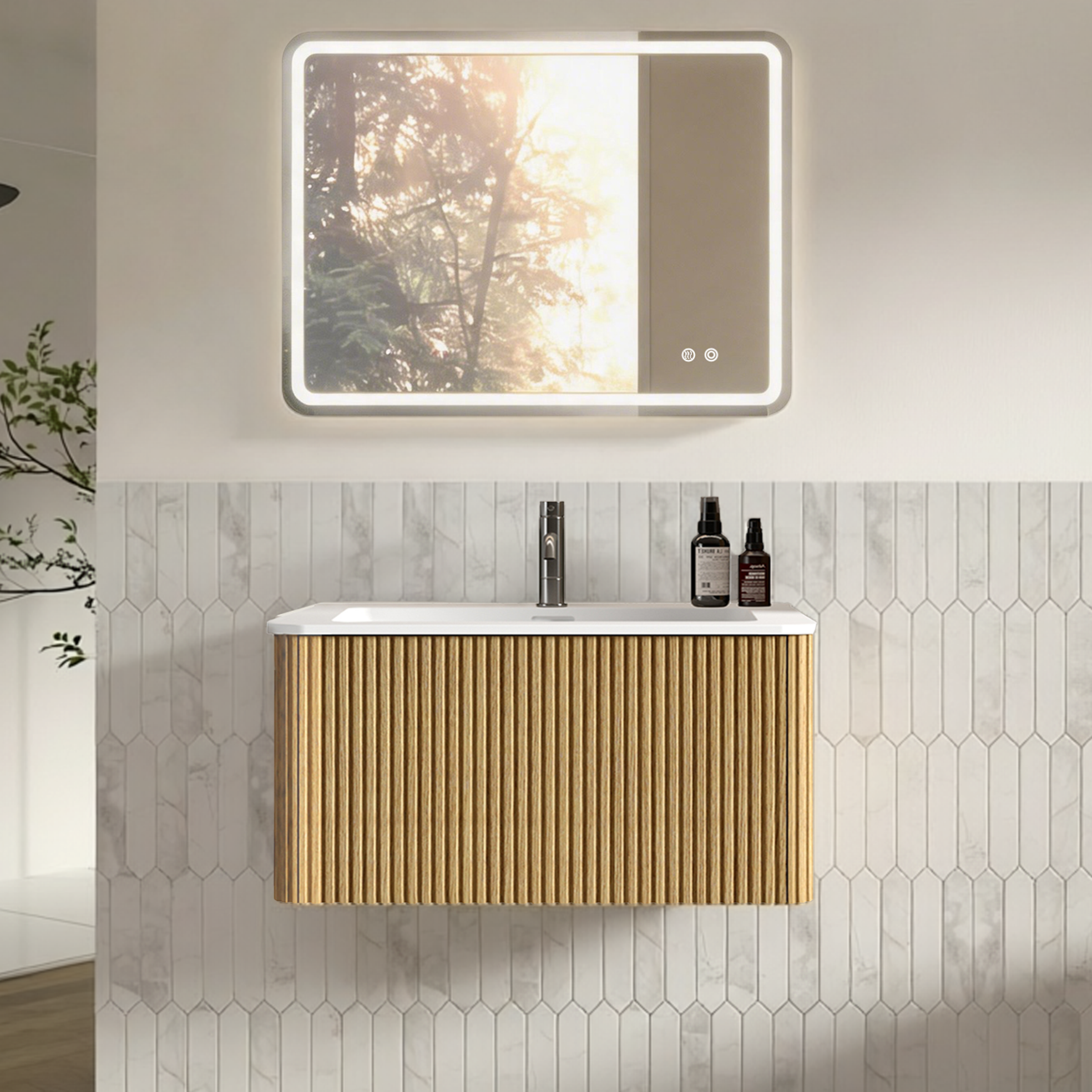 Badmöbel Mit Waschtisch Und Led-spiegel 80 Cm, Wandhängend, Eiche, Vormontiert Havrya