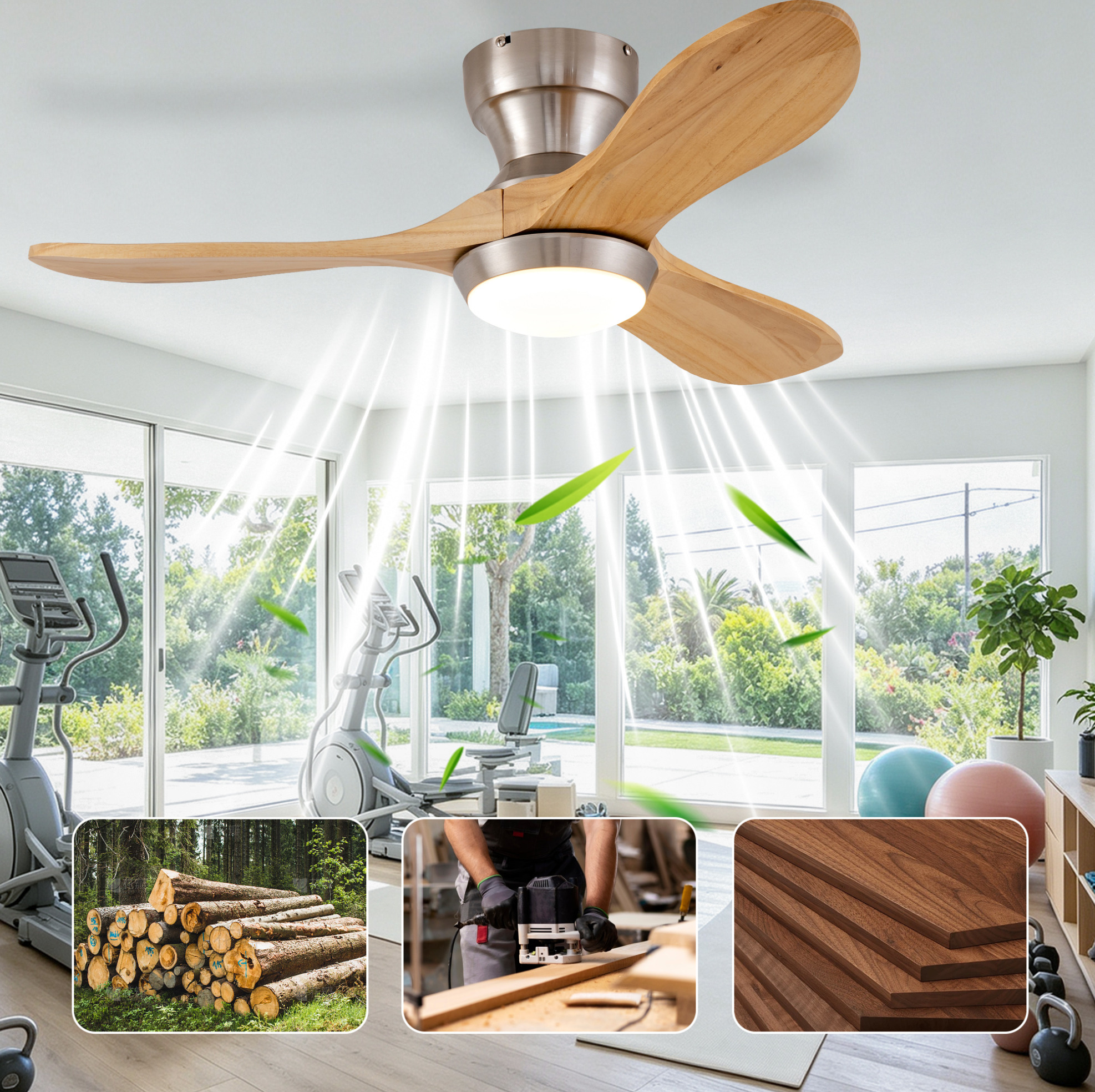 Deckenventilator Mit Licht Und Fernbedienung, 36 Zoll, 3 Flügel Aus Naturholz Havrya