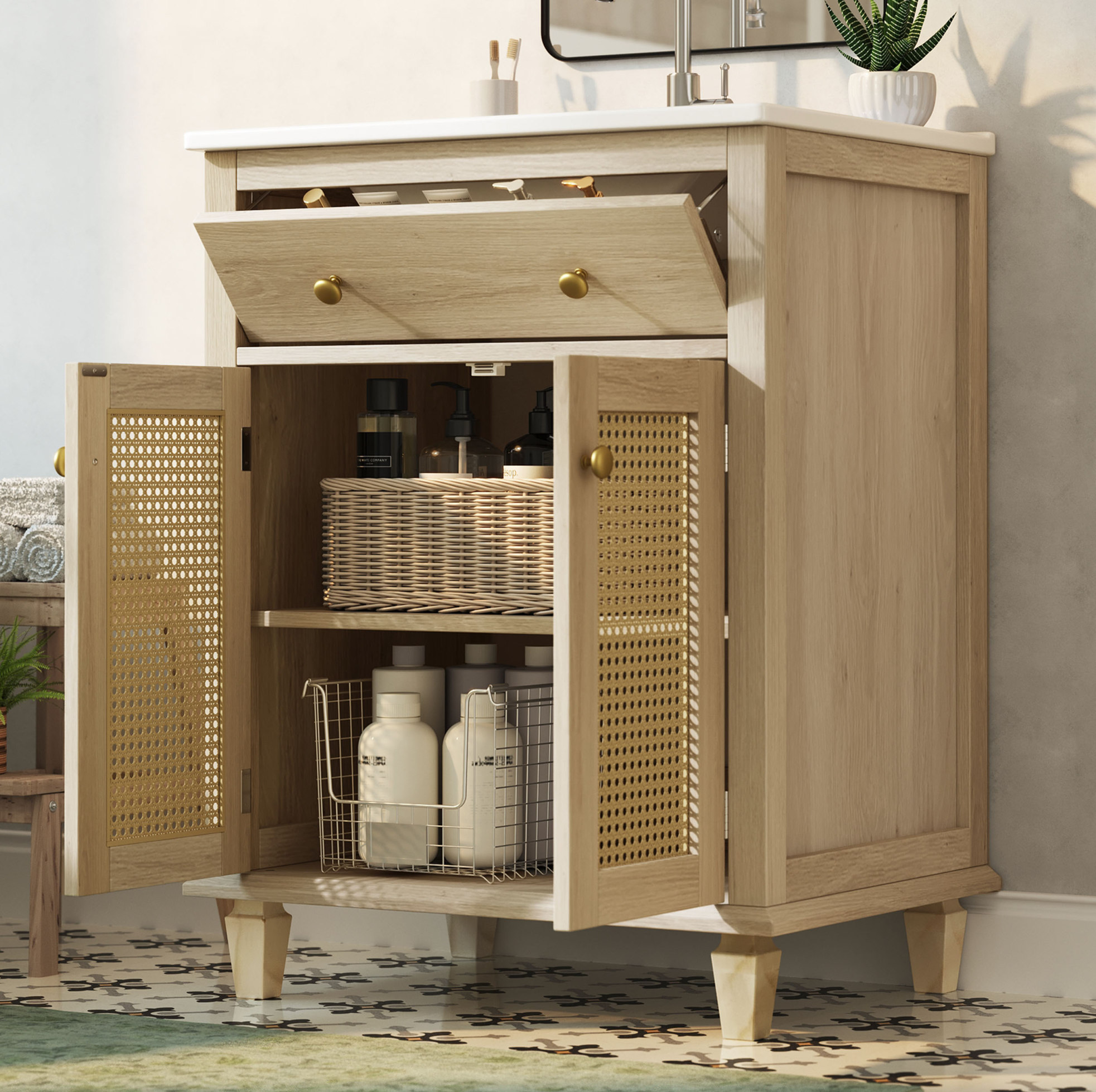 Waschbeckenunterschrank 61 Cm, Aufgestellt, Aus Mdf Und Keramik, Naturholz Havrya