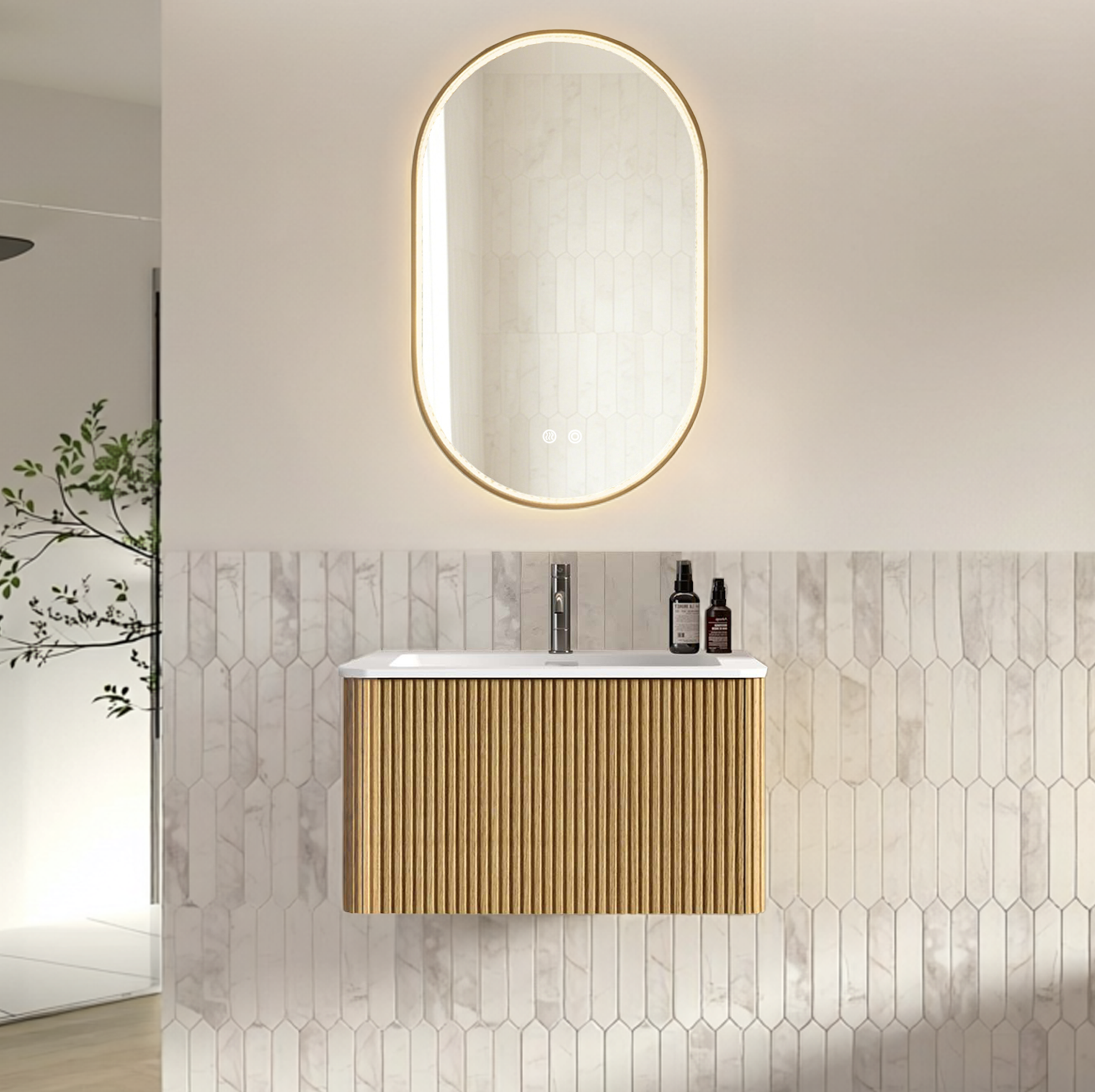 Badezimmermöbel Mit Waschbecken Und Led-spiegel 80 Cm, Wandhängend, Vormontiert, Eiche Havrya