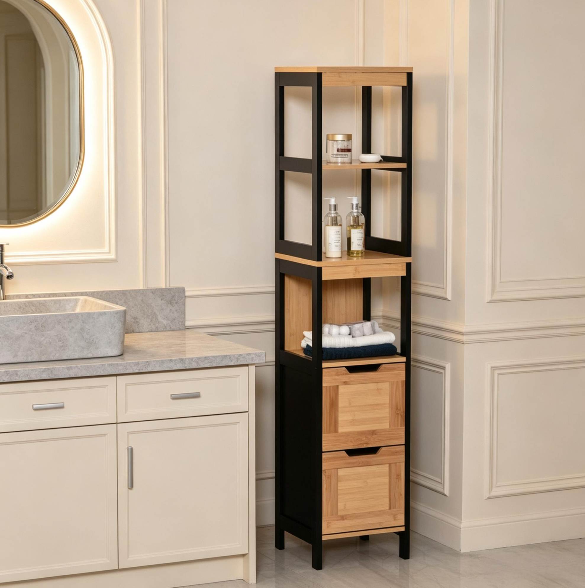 Badezimmer-hochschrank Mit 2 Schubladen Und 3 Ablagen, Bambus/schwarz Havrya