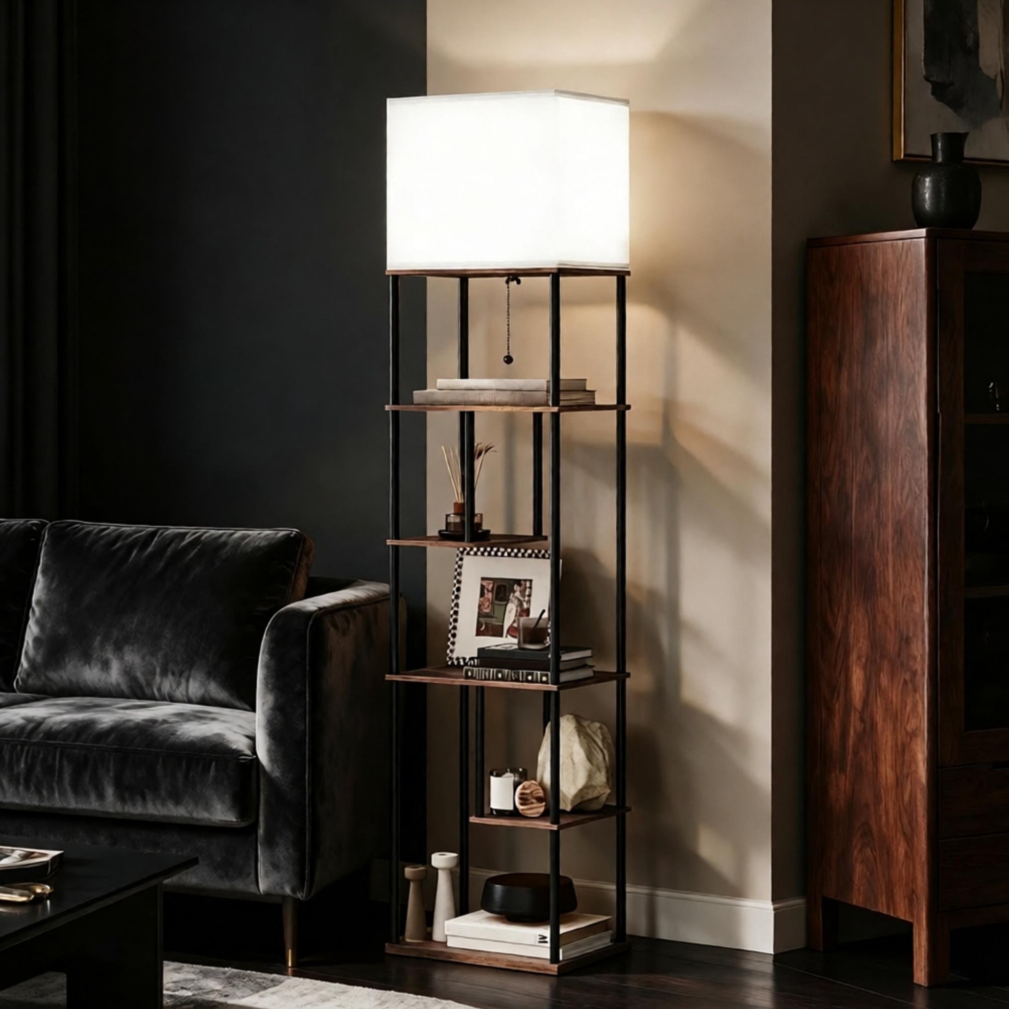 Stehlampe Mit Regalen, Dimmbar, Fernbedienung, E27, Schwarz Und Beige Havrya