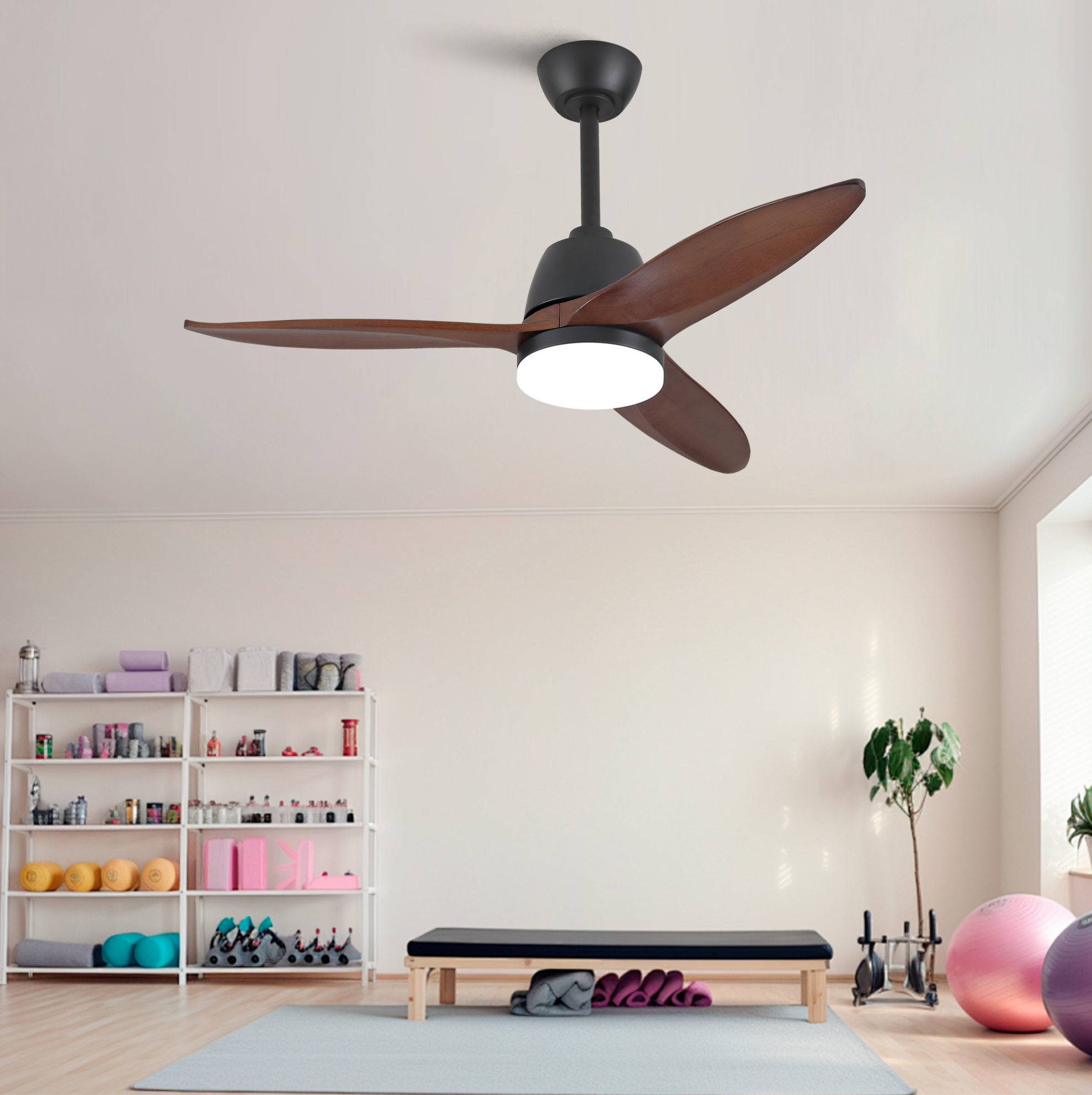 42" Deckenventilator Mit Led 3 Lichtfarben, Massivholzflügeln, Schwarz Havrya
