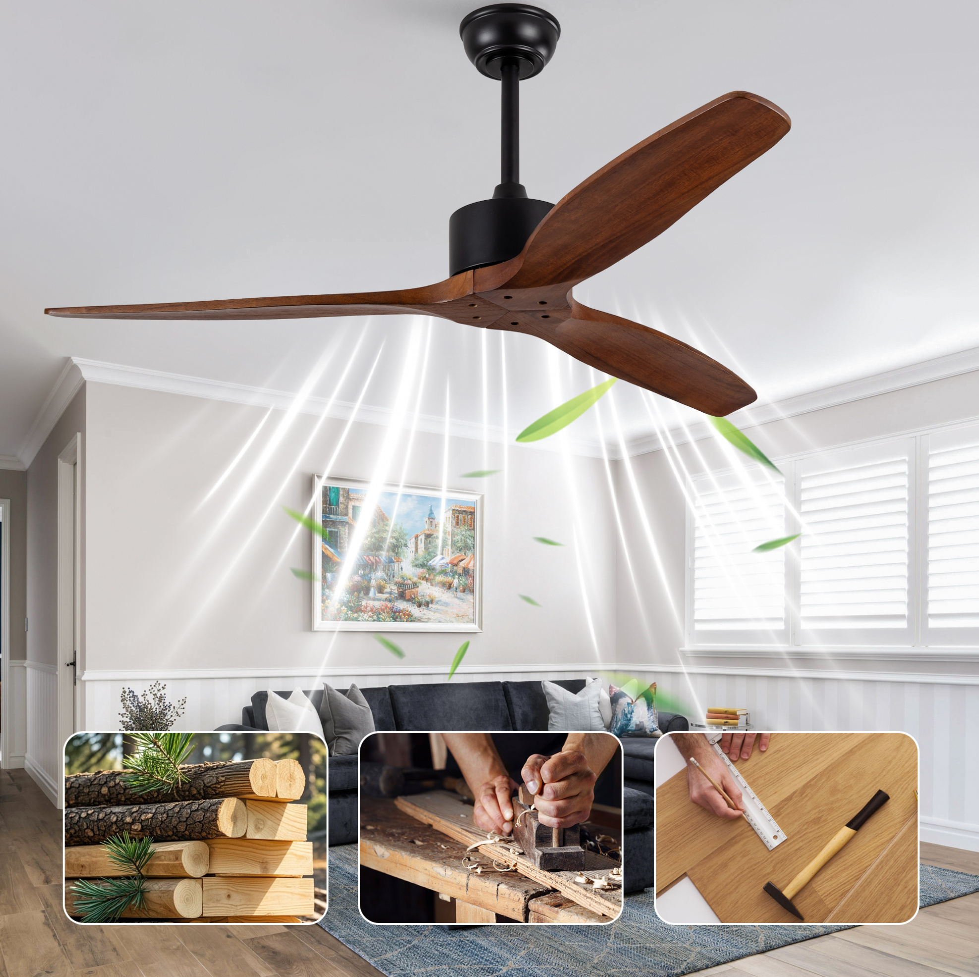 52-zoll Deckenventilator Ohne Licht, 3 Massivholzflügel, Fernbedienung Havrya