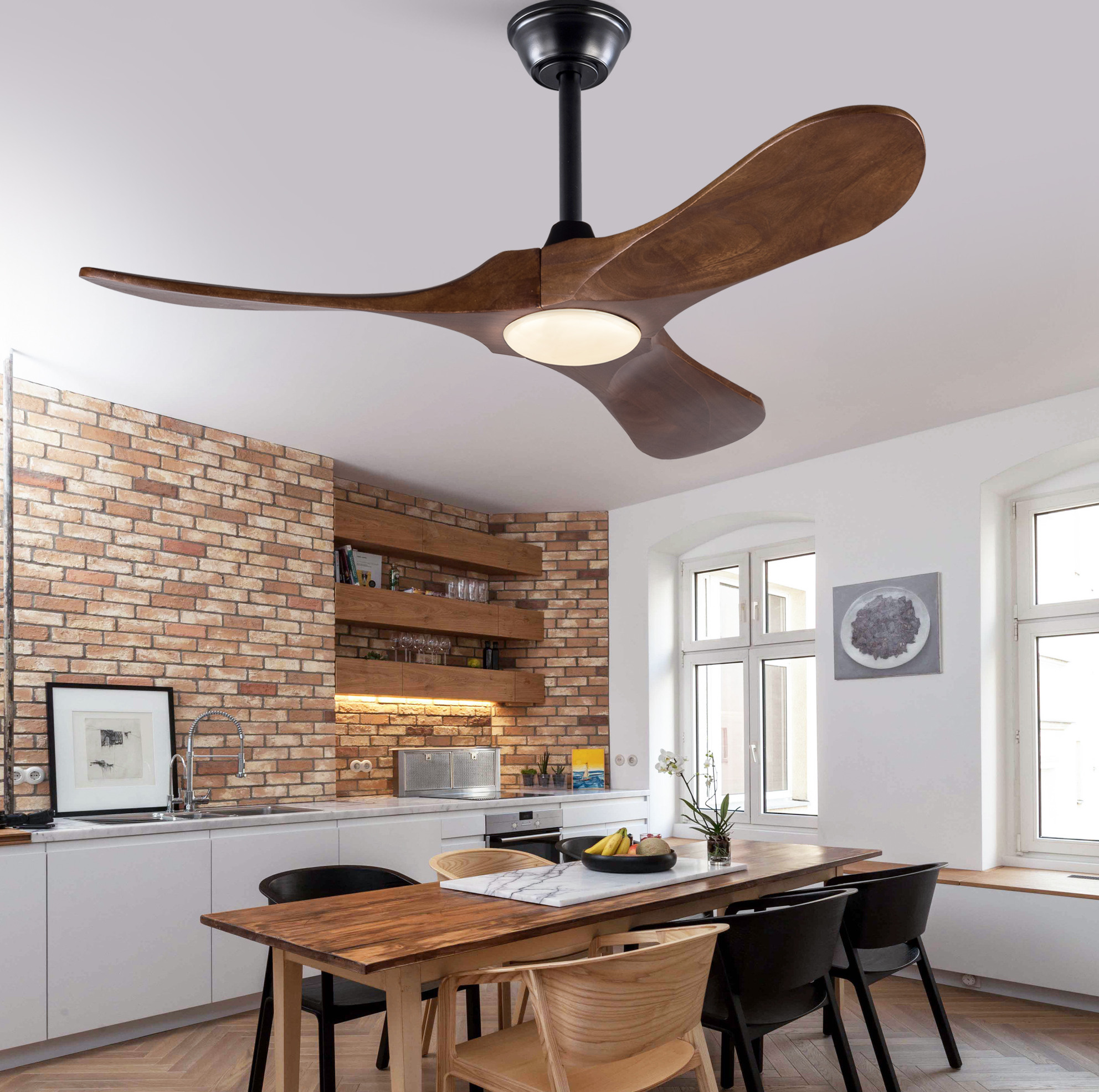 Deckenventilator Mit Licht 42" 3 Flügel Aus Massivholz, Fernbedienung, Schwarz Havrya