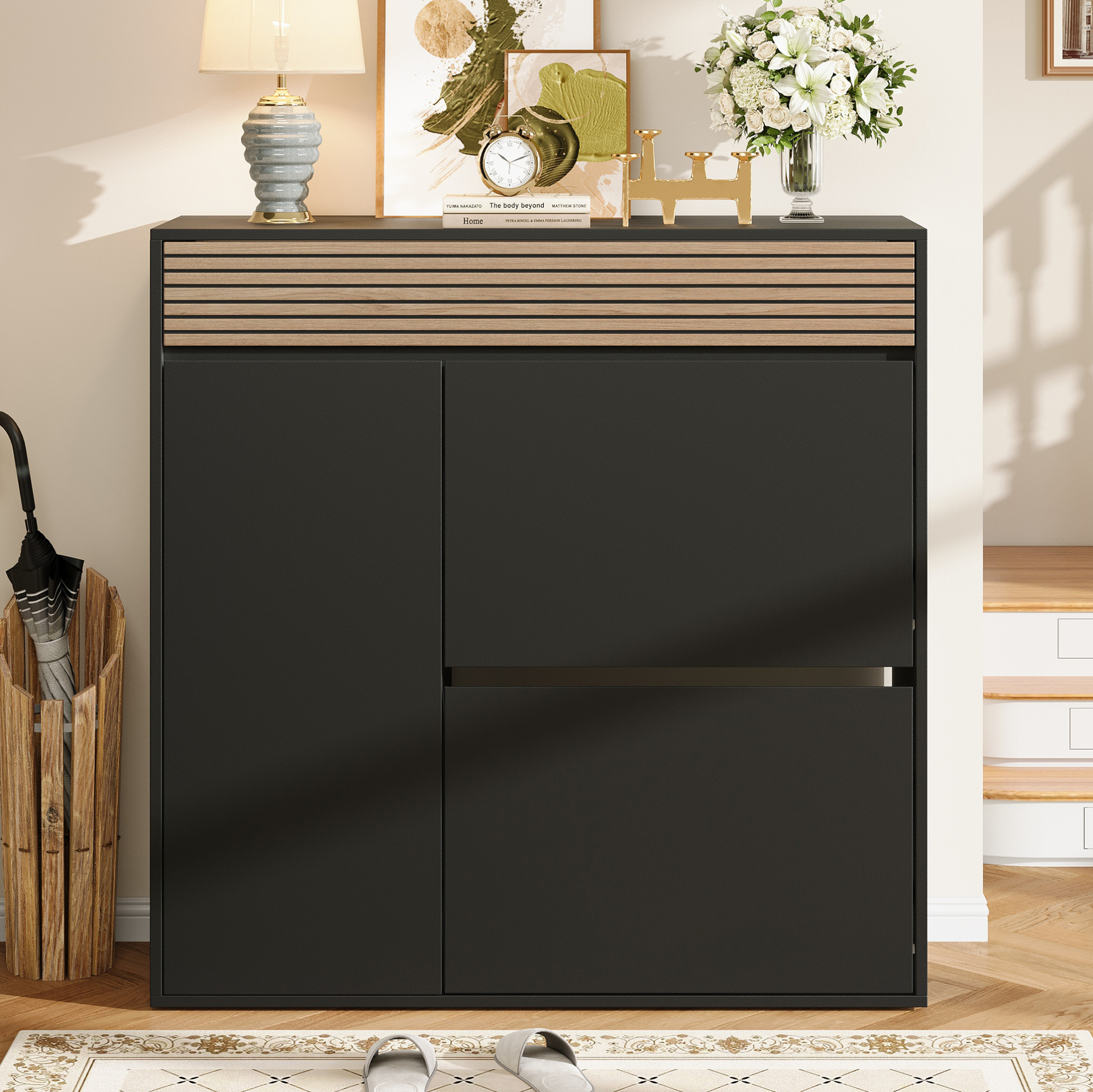 Schuhschrank 100 X 35 X 105 Cm Mit 2 Klappen, Mdf Und Spanplatte, Schwarz Havrya