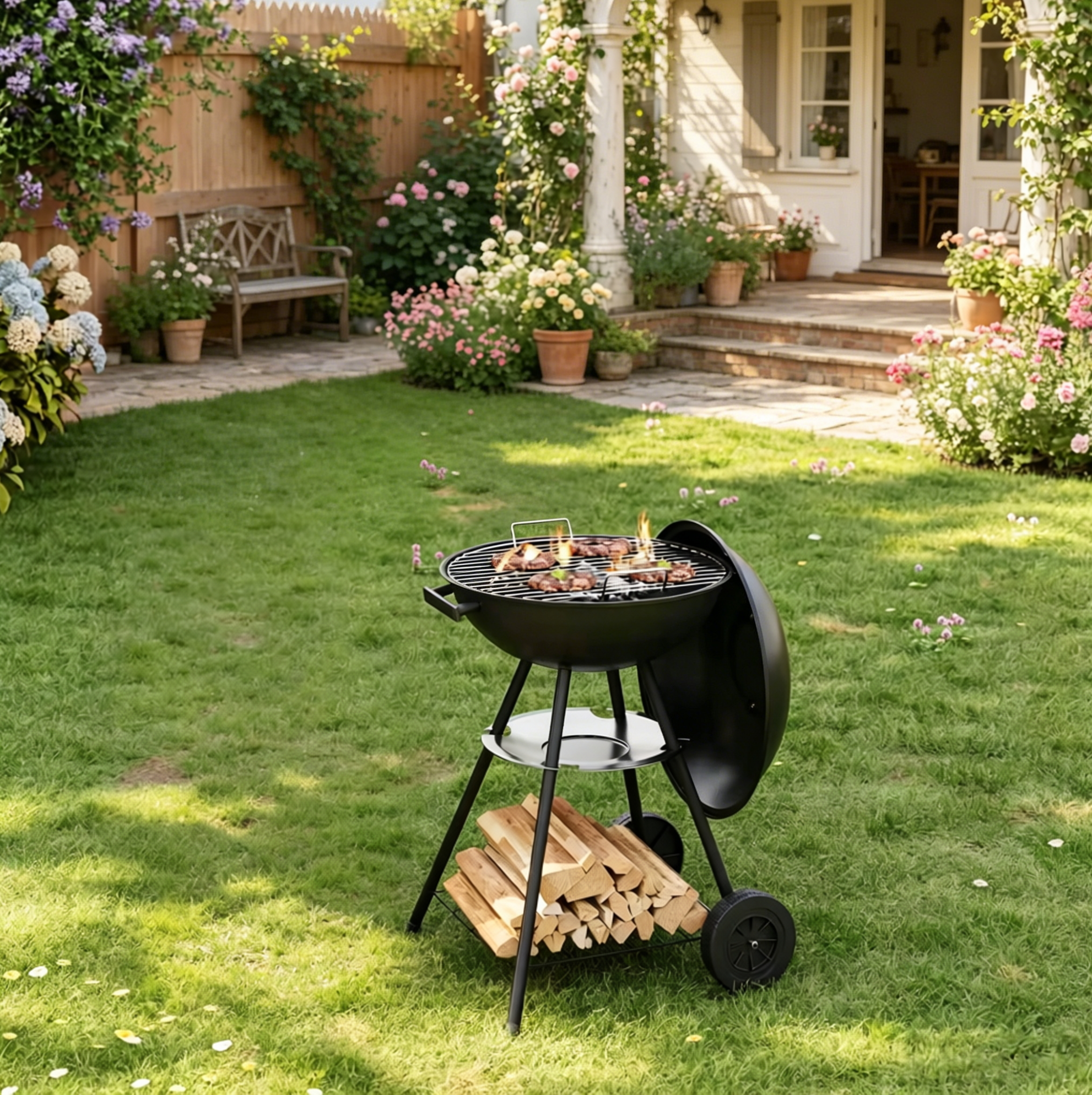 Runder Holzkohlegrill 45,5 X 42 X 73 Cm Mit Deckel, Schwarz Havrya
