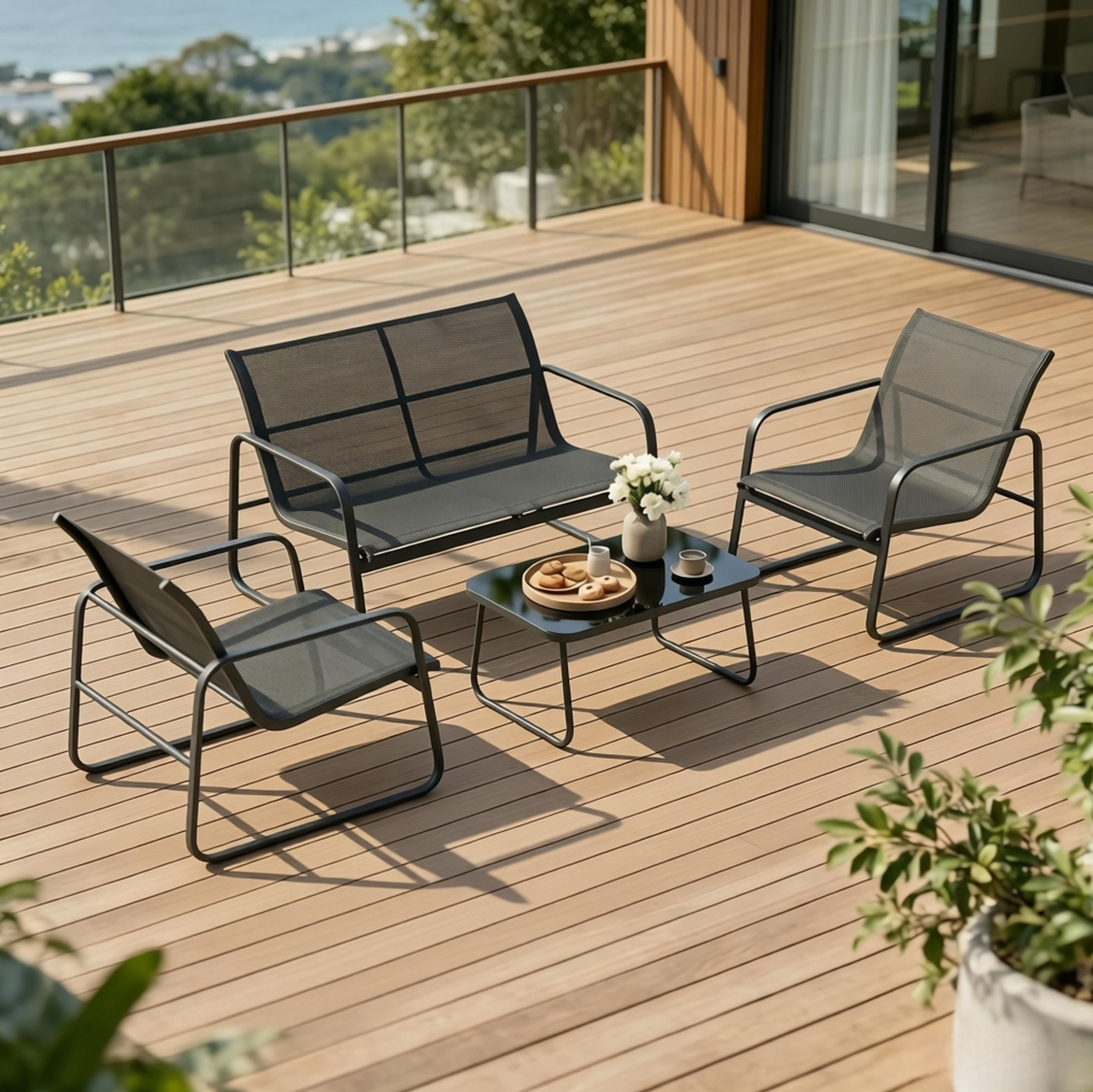 4-teiliges Gartenmöbel-set Aus Stahl Und Hartglas, Schwarz Und Grau Havrya