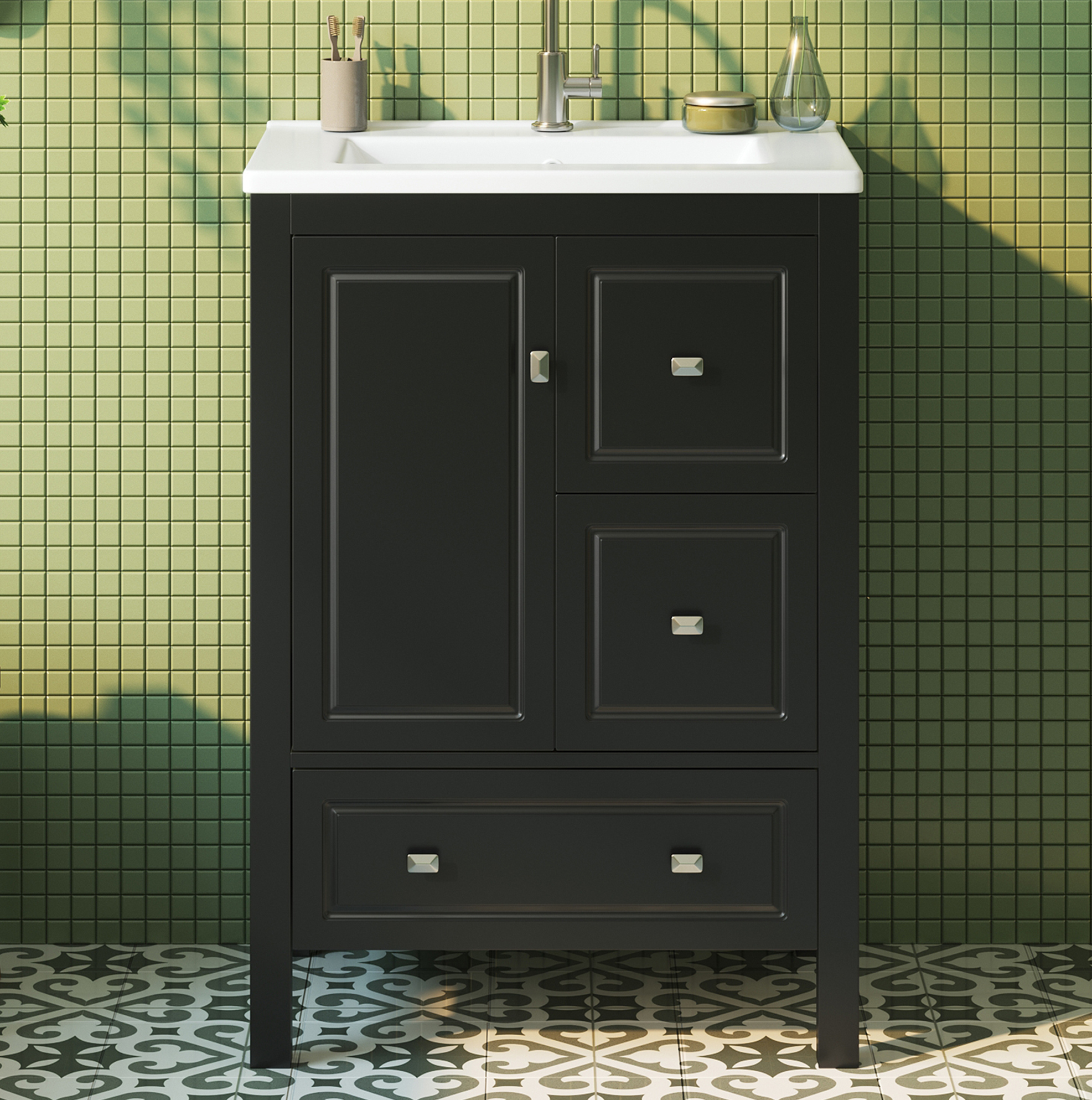 Badmöbel Mit Waschbecken, 62 X 47 X 90 Cm, Schwarz, 3 Schubladen Und 1 Tür Havrya