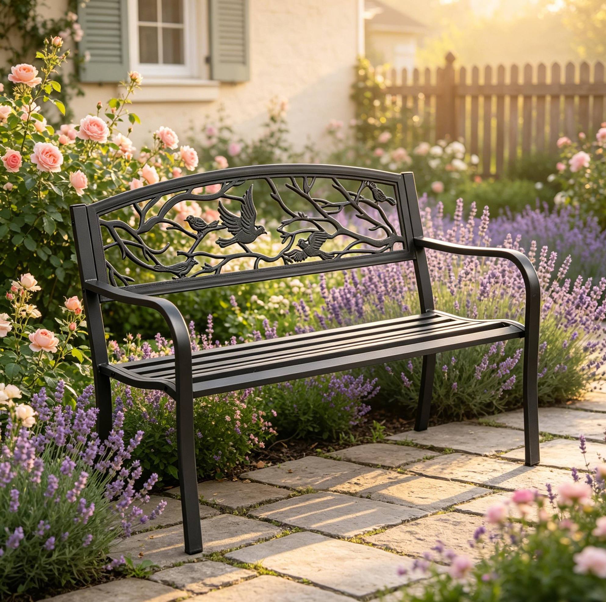 Outdoor-gartenbank Mit Dekorativer Rückenlehne, 127 X 60 X 85 Cm, Schwarzes Metall Havrya