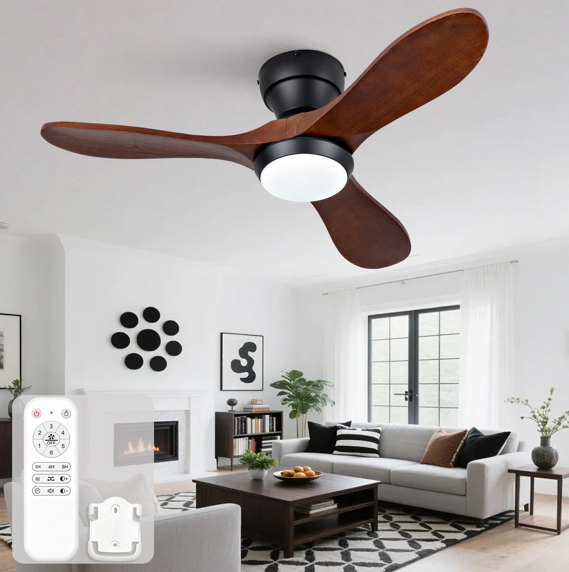 Deckenventilator Mit Licht 36 Zoll, Fernbedienung, 3 Holzflügel, Schwarz Havrya