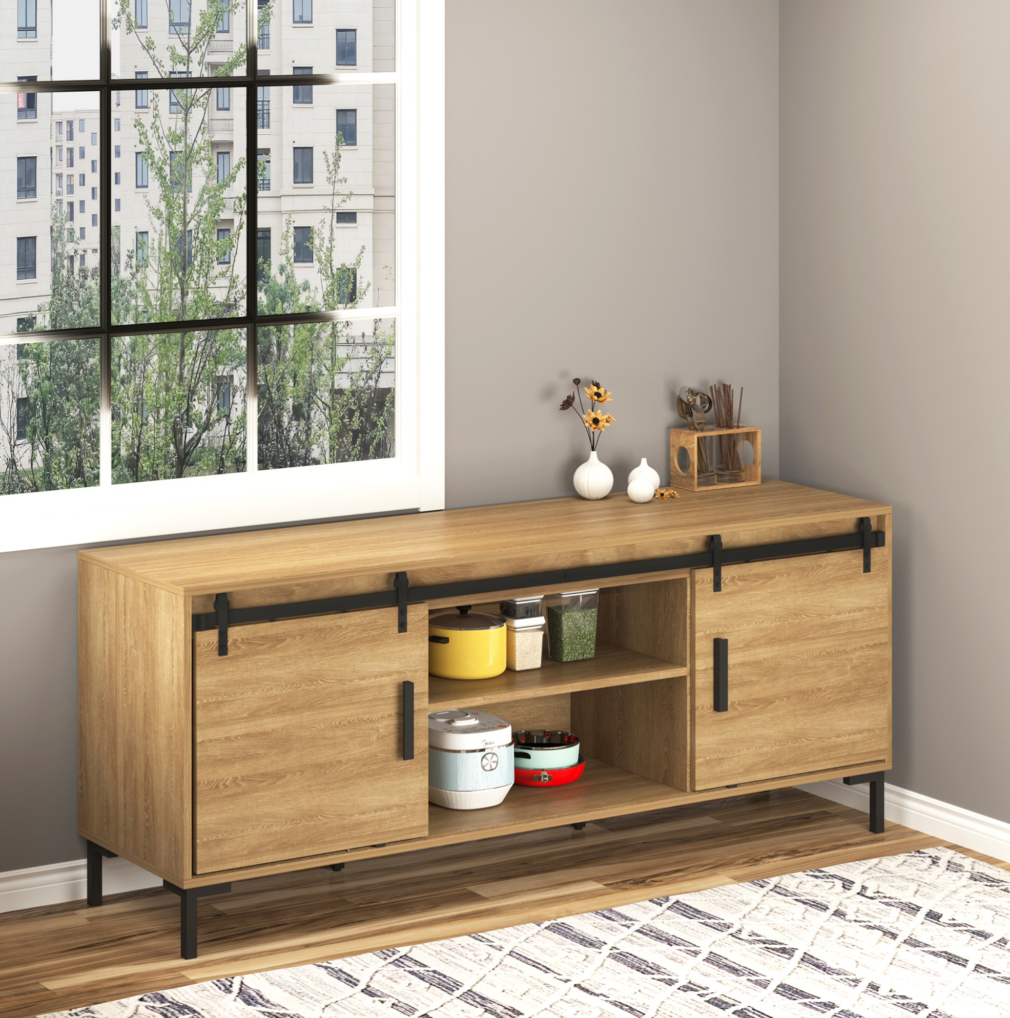 Doppel-schiebetürschienen-set 200 Cm Aus Schwarzem Stahl Für Holztüren Havrya