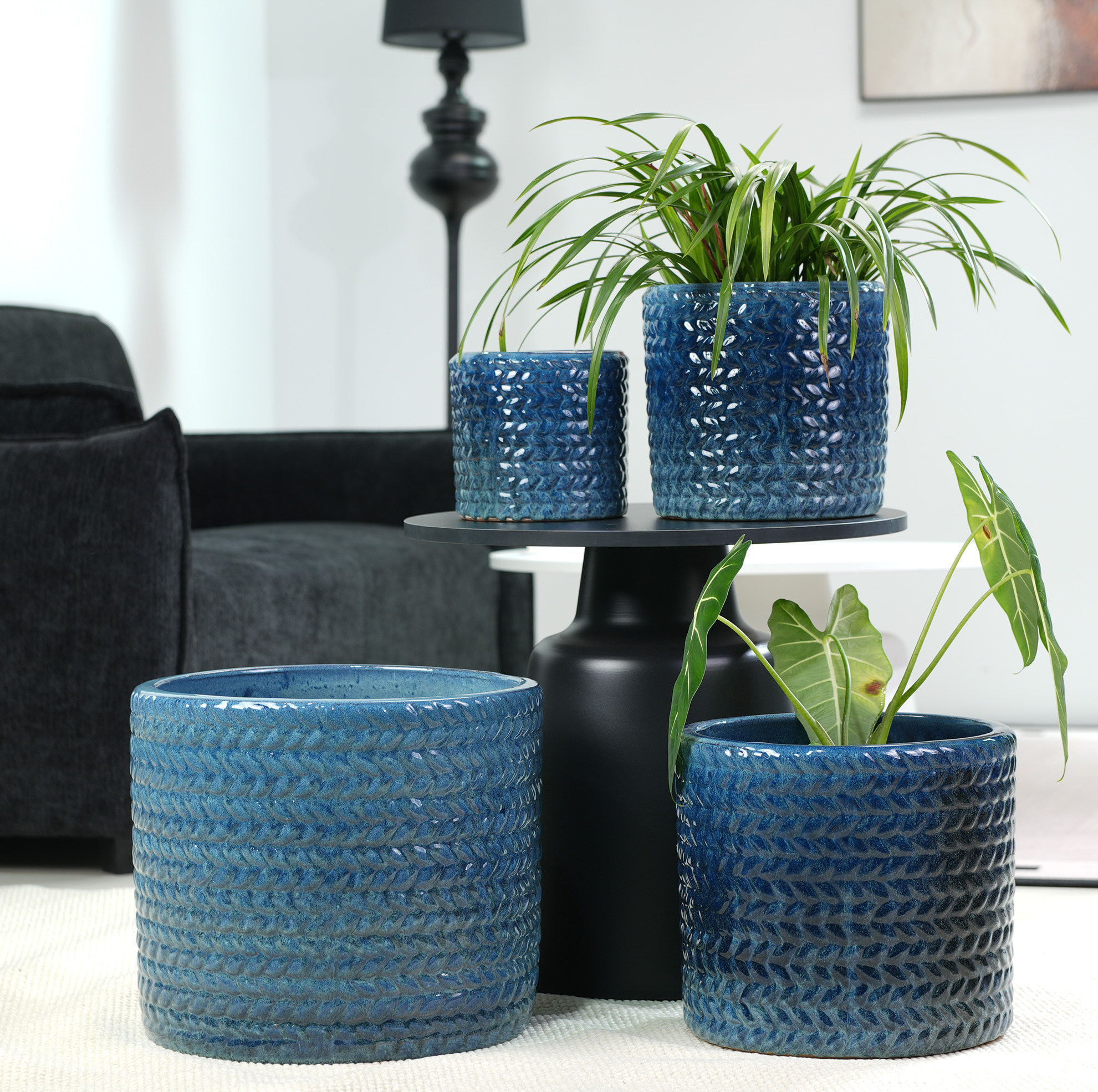 Keramik-blumentopf Ø31 Cm, Dunkelblau, Ährenrelief, Mit Drainageloch Havrya