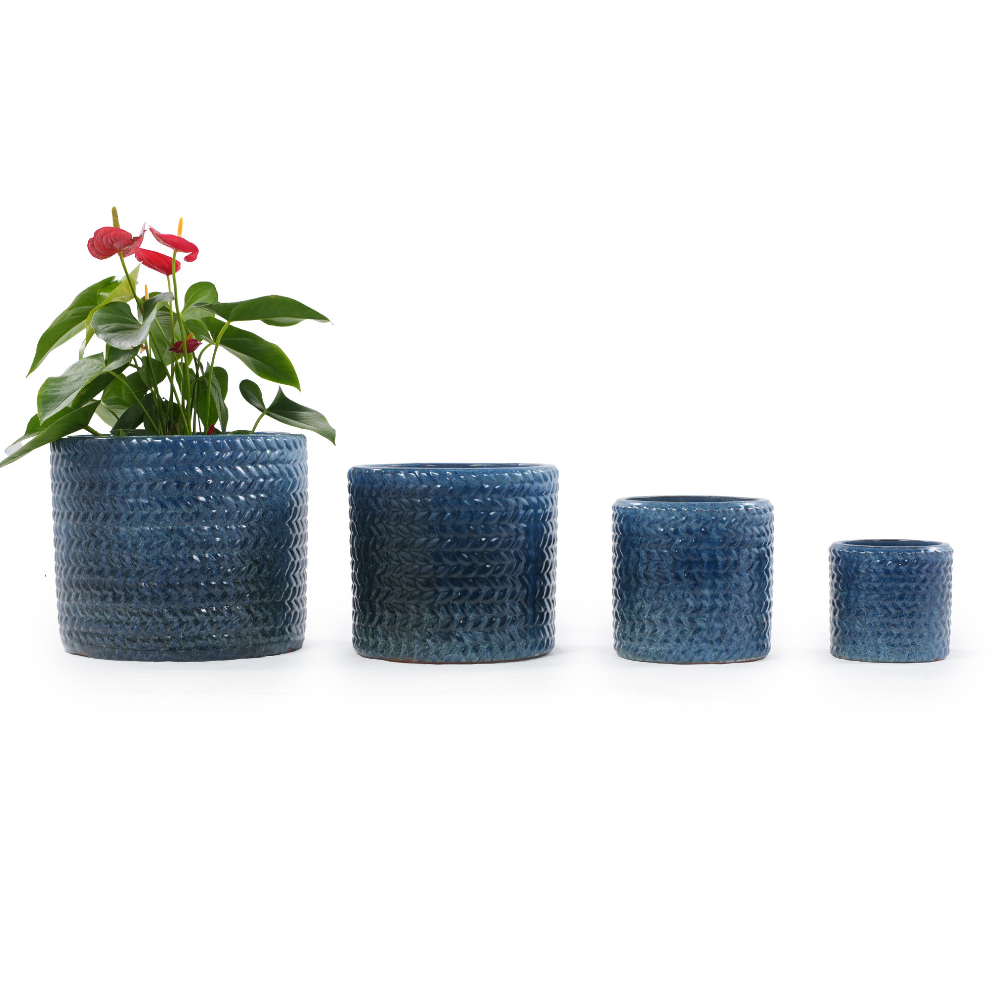 Keramik-blumentopf Ø37 Cm Mit Ablaufloch, Dunkelblau Glasiert, Chevron-muster Havrya