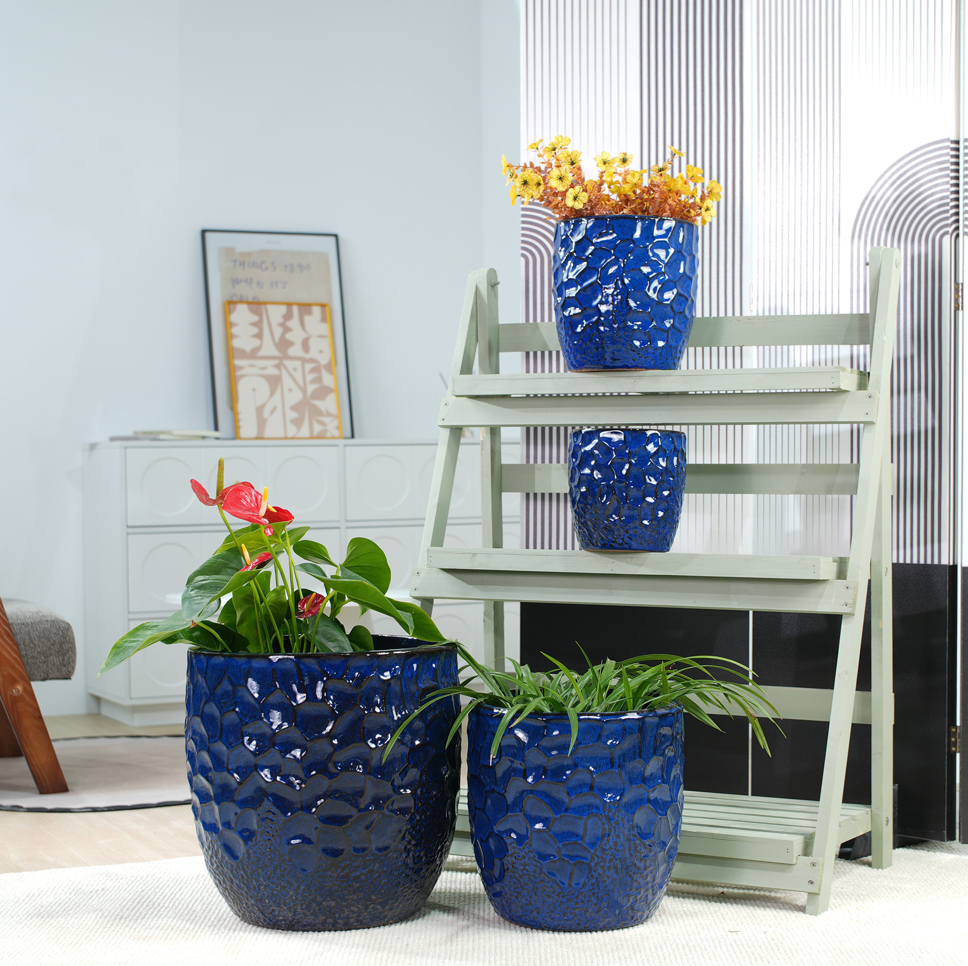 4-teiliges Keramik-blumentopf-set, Glanzend Marineblau Mit Hammerschlagrelief Havrya
