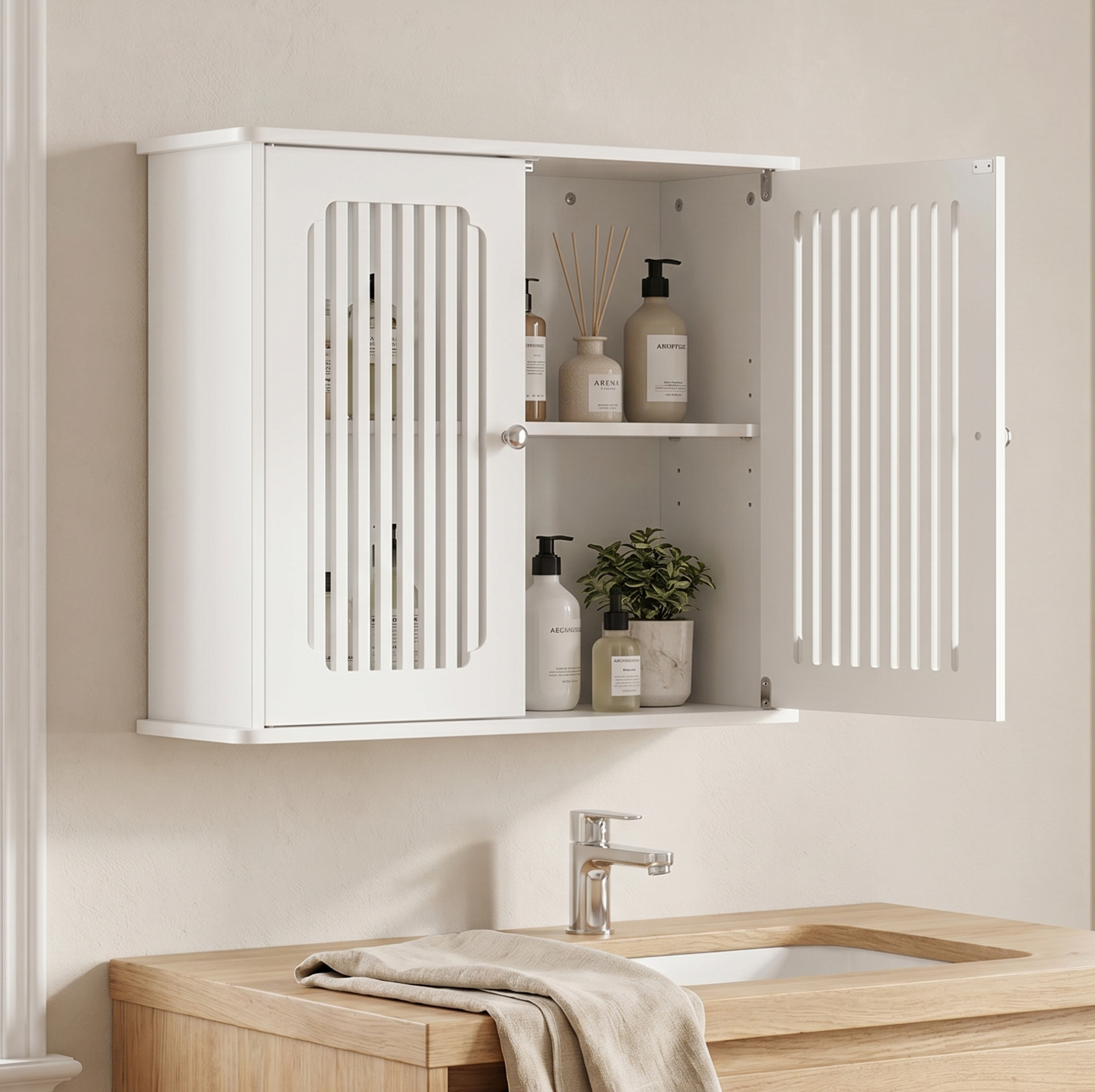 Hängeschrank Für Bad 60 X 20 X 52 Cm, 2 Lamellentüren, Weiß