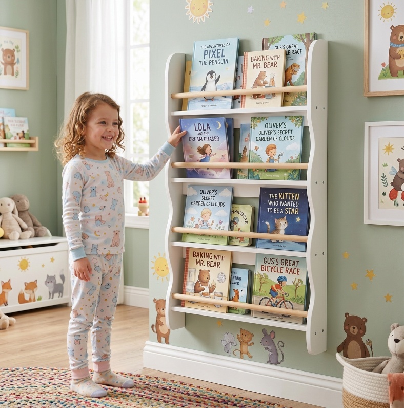 Kinderbücherregal Mit 4 Fächern, Wandmontiert, Mit Kippschutz, 60 X 10 X 98 Cm, Weiß Havrya