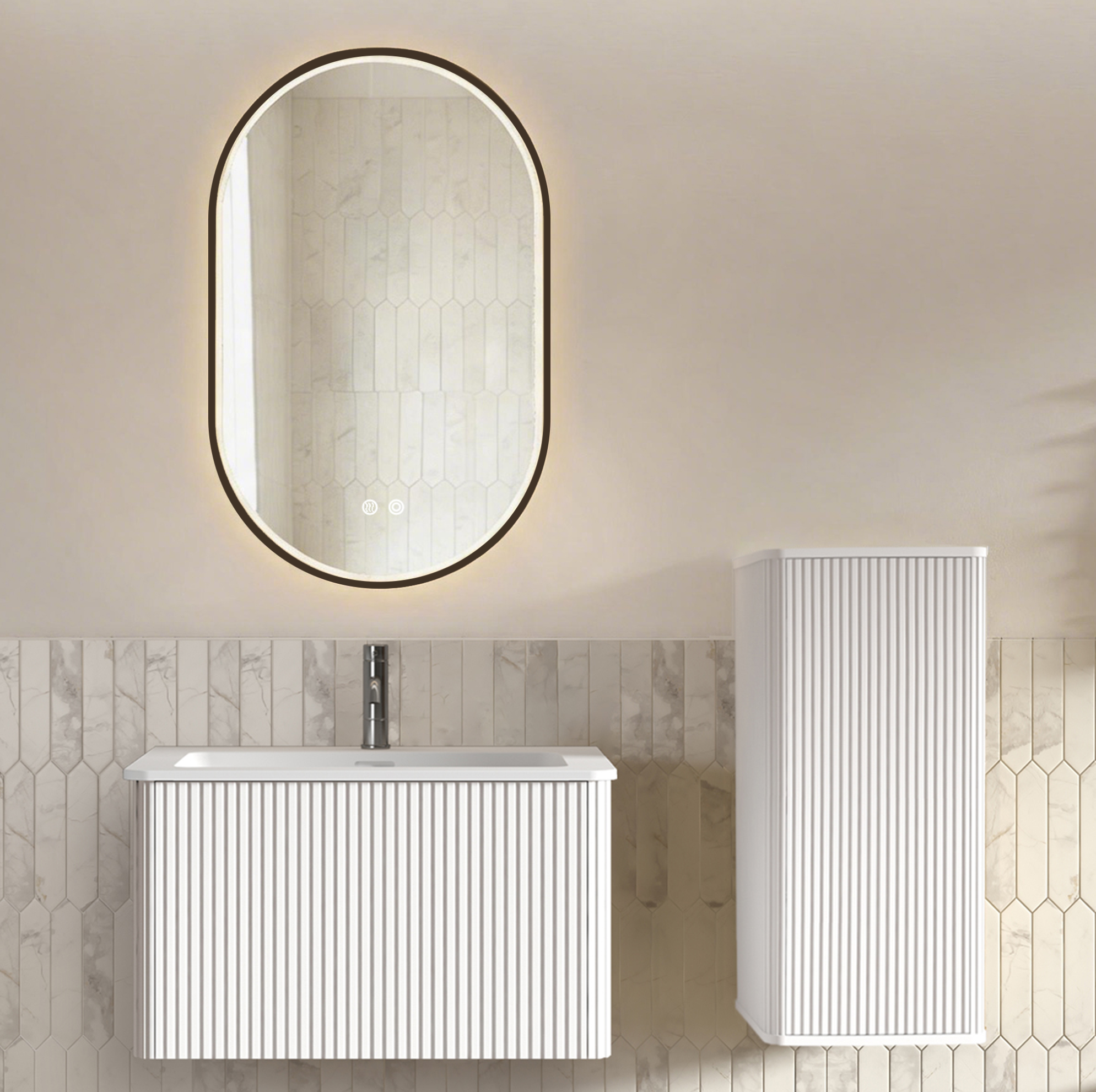 Badmöbel Mit Waschbecken 80 Cm, Hängend, Led-spiegel, Weiß Havrya
