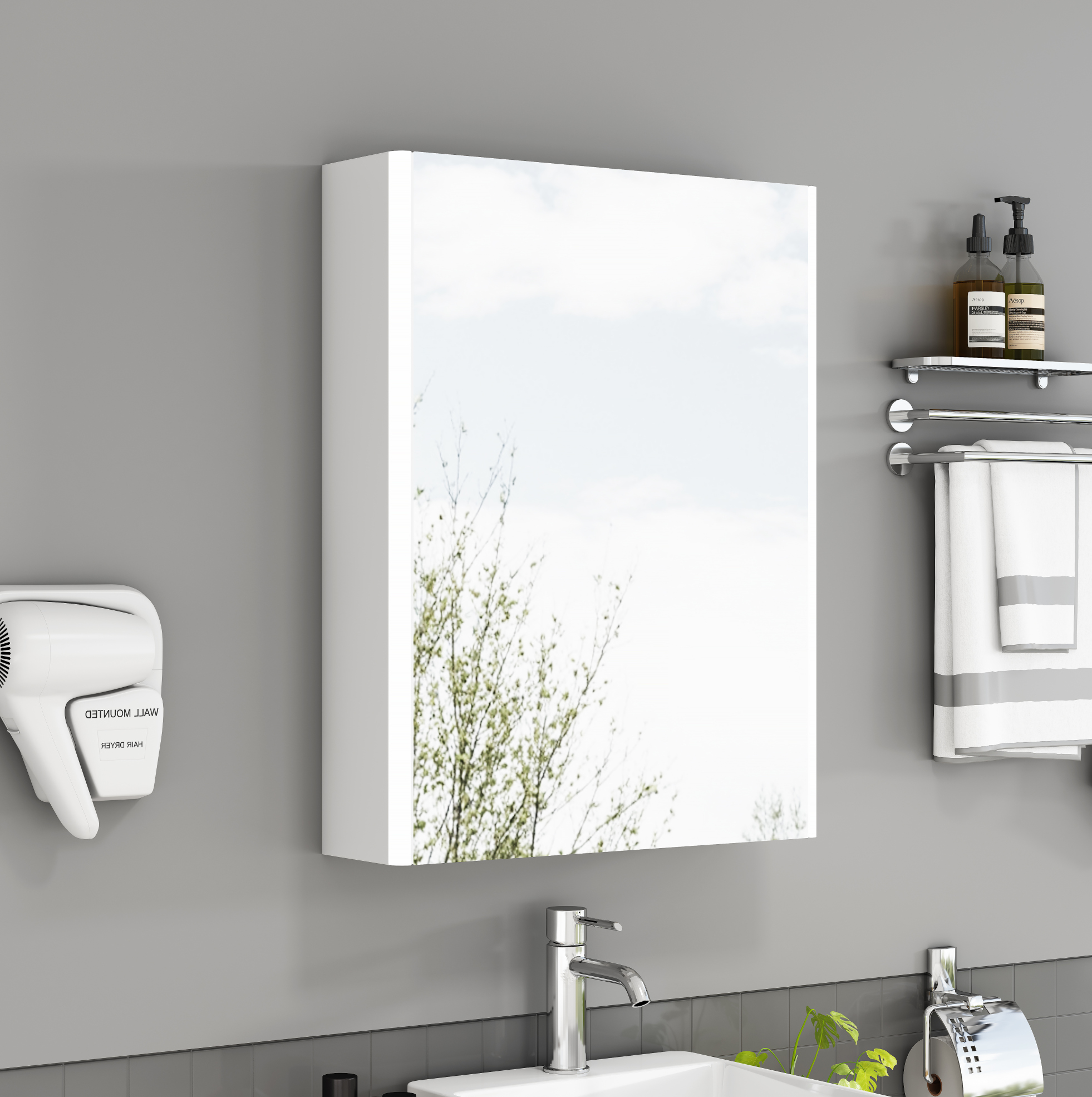 Badezimmerspiegelschrank 50 Cm, 1 Tür, Integrierte Led, Französische Steckdose, Weiß Havrya