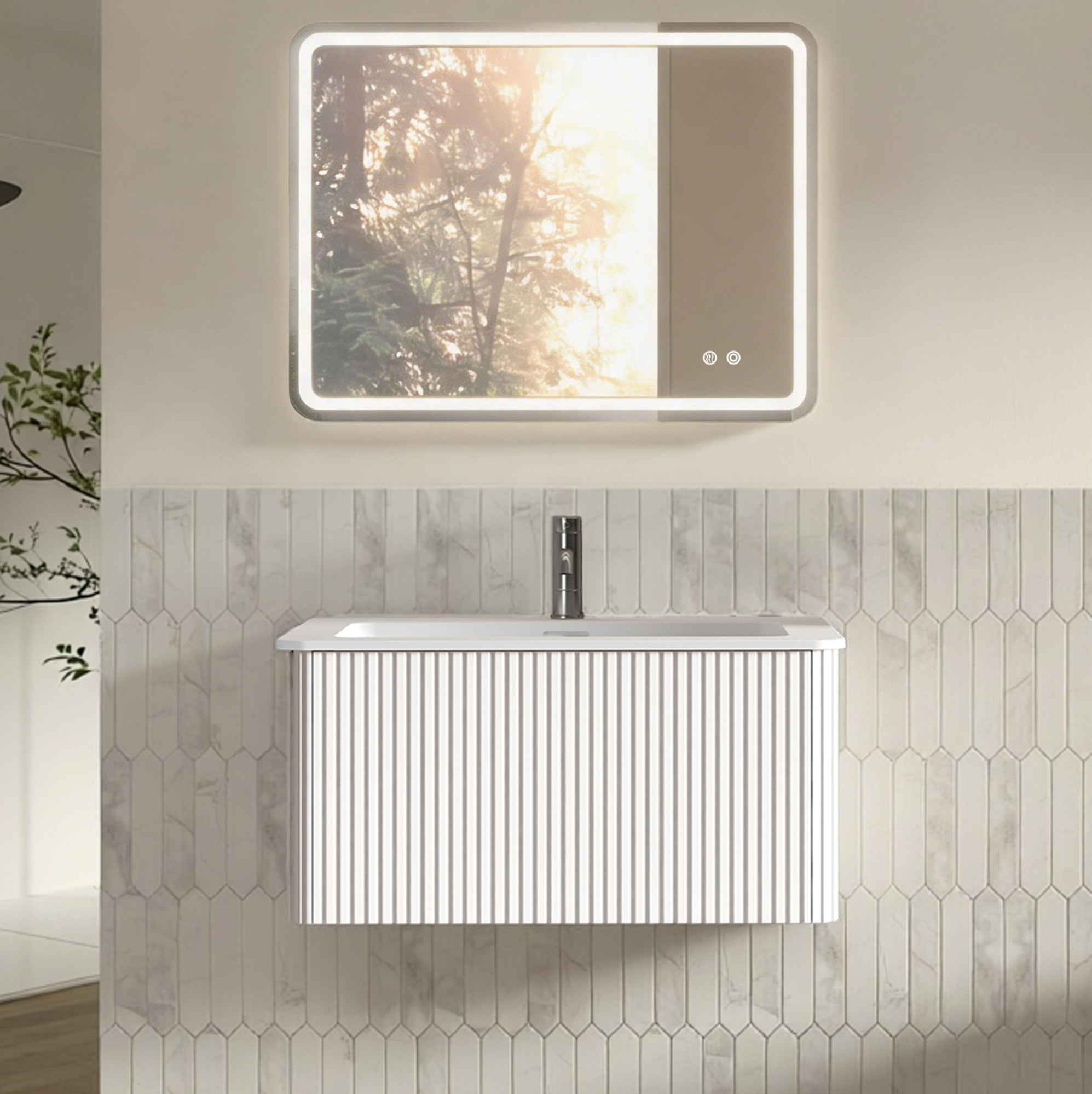 Badmöbel Mit Waschbecken Und Led-spiegel 80 Cm Weiß Havrya