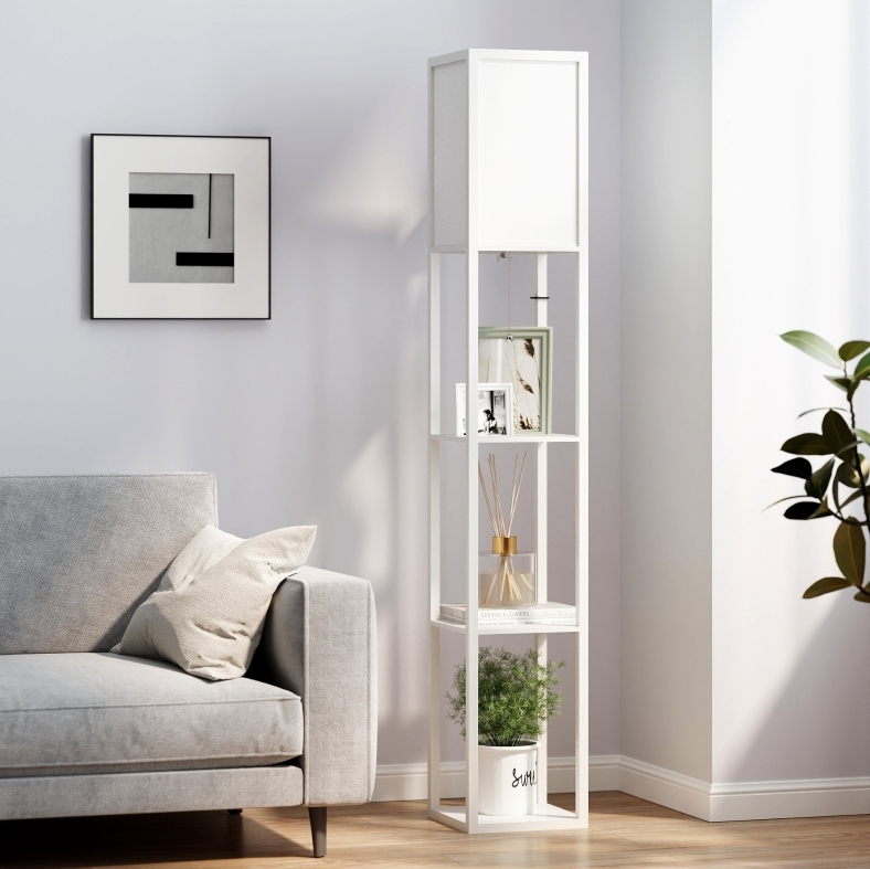 Stehlampe Mit Holzregalen, 26 X 26 X 160 Cm, Weiß, Ohne Leuchtmittel Havrya