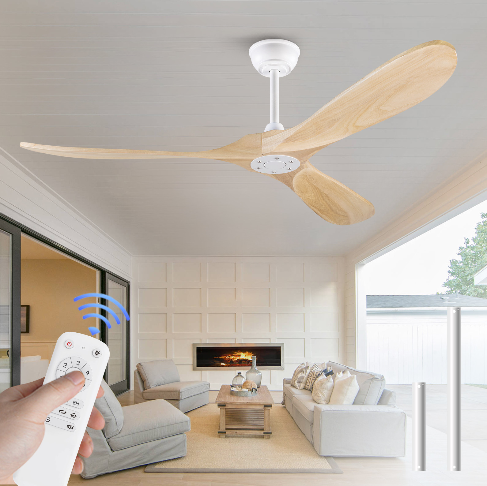 60-zoll-deckenventilator Ohne Licht, Naturholzflügel, Fernbedienung, Weiß Havrya