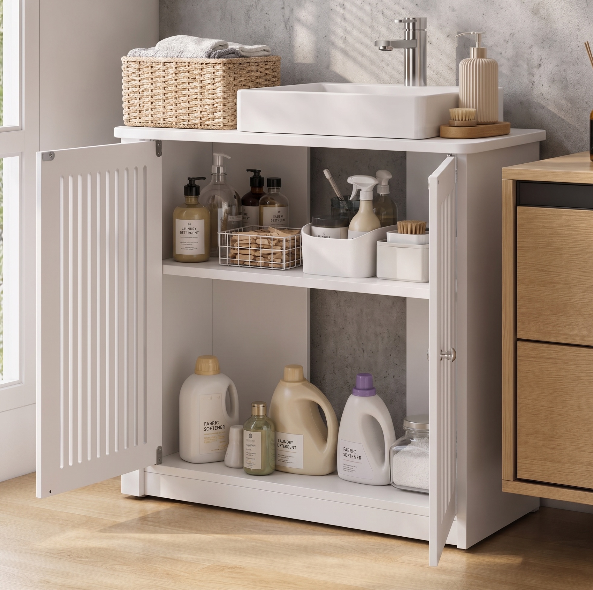 Badezimmerschrank 60 X 27 X 60 Cm Ohne Waschbecken, Doppeltür Mit Lamellen, Weiß Havrya