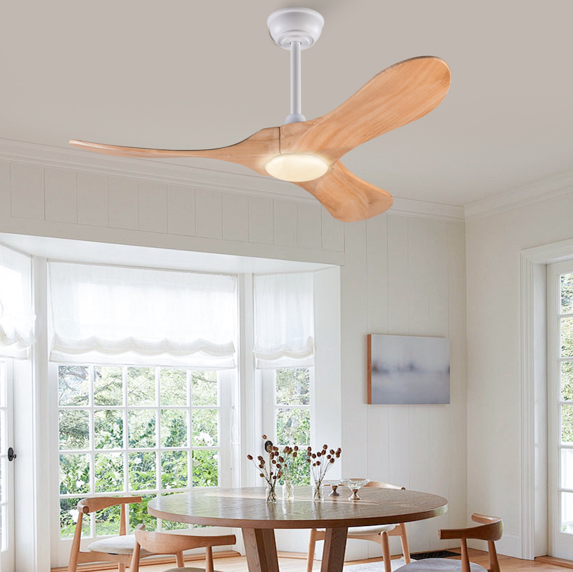 Deckenventilator Mit Licht, 42 Zoll, 3 Flügel, 6 Geschwindigkeiten, Weiß/natur Havrya