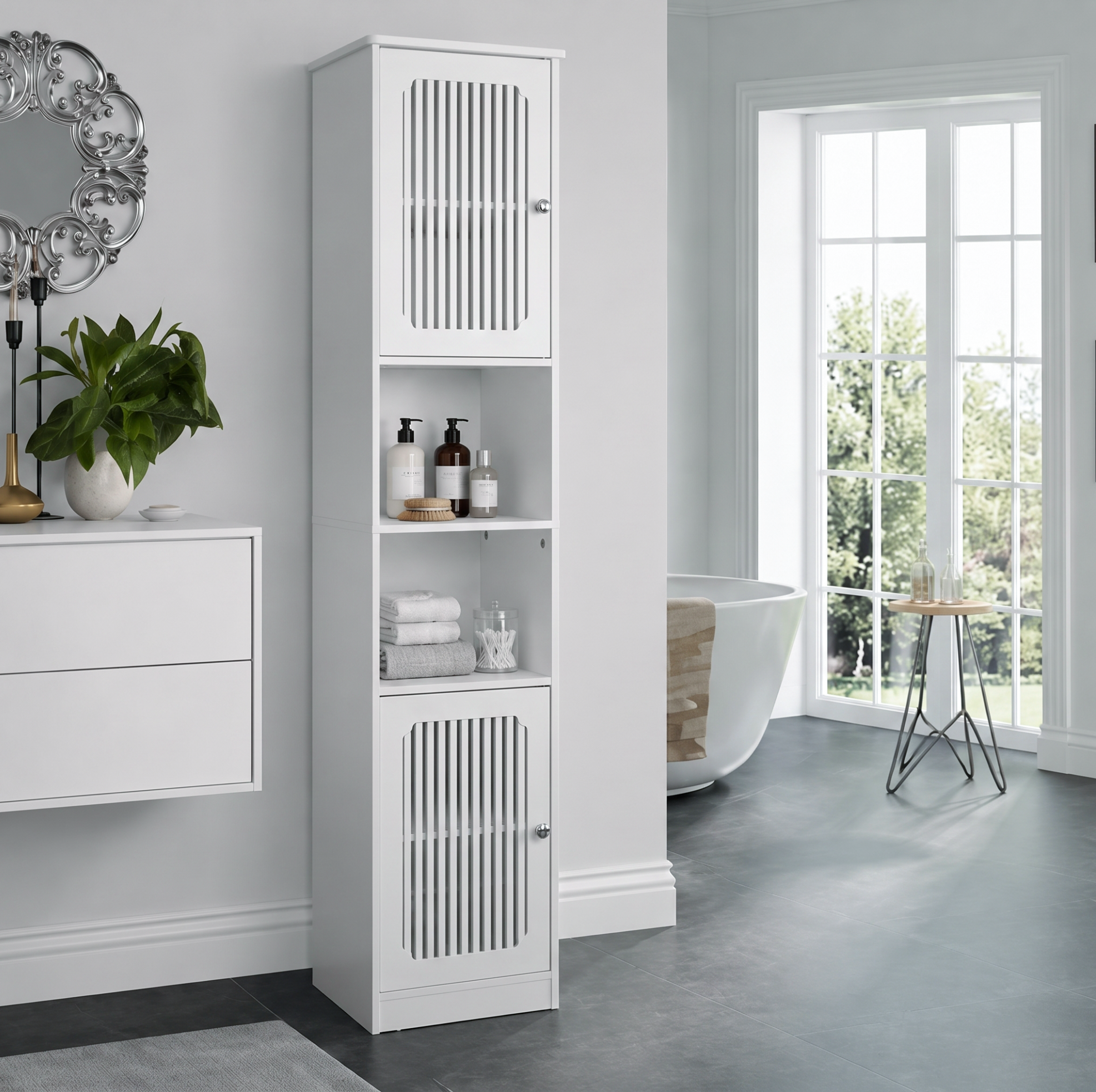 Weißer Badezimmerschrank 163 Cm Mit Verstellbaren Regalböden Und Lamellentüren Havrya
