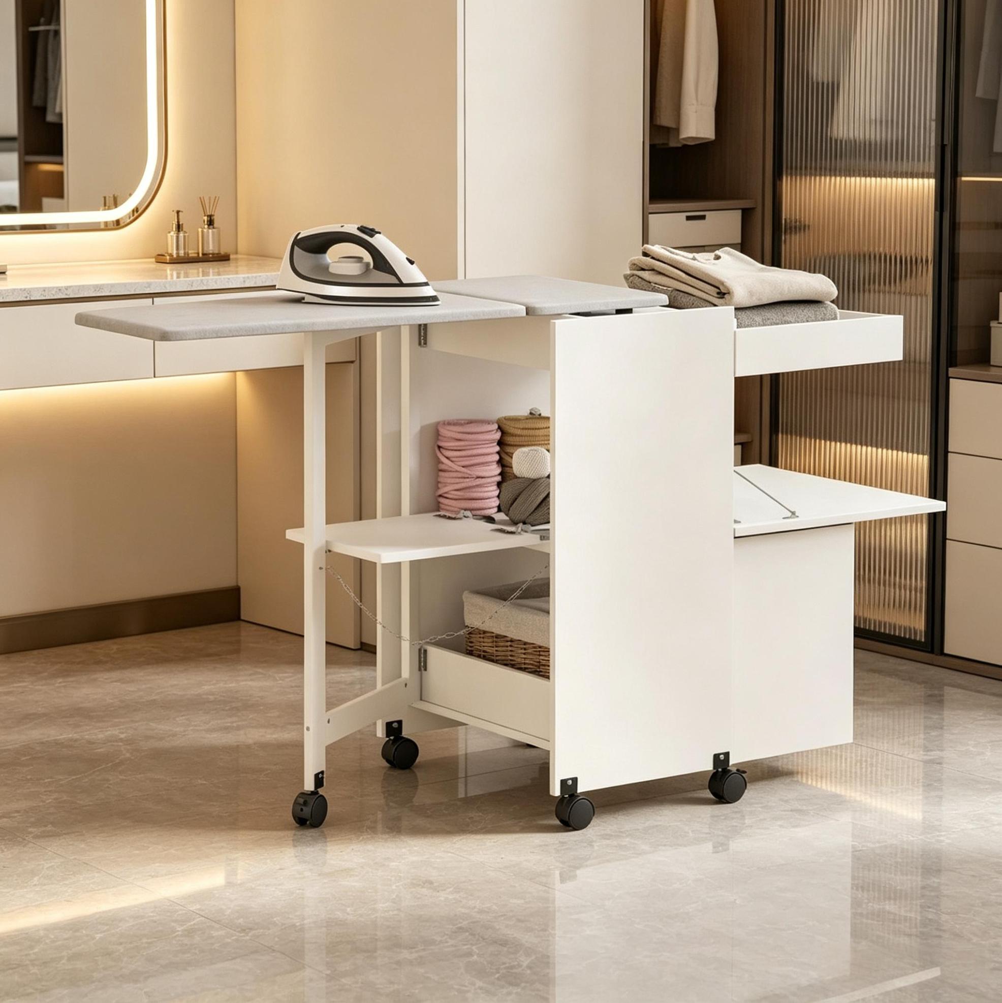 Klappbarer Bügelschrank Mit Rollen, Bügelbrett 99x41 Cm, Soft-close-türen, Weiß Havrya