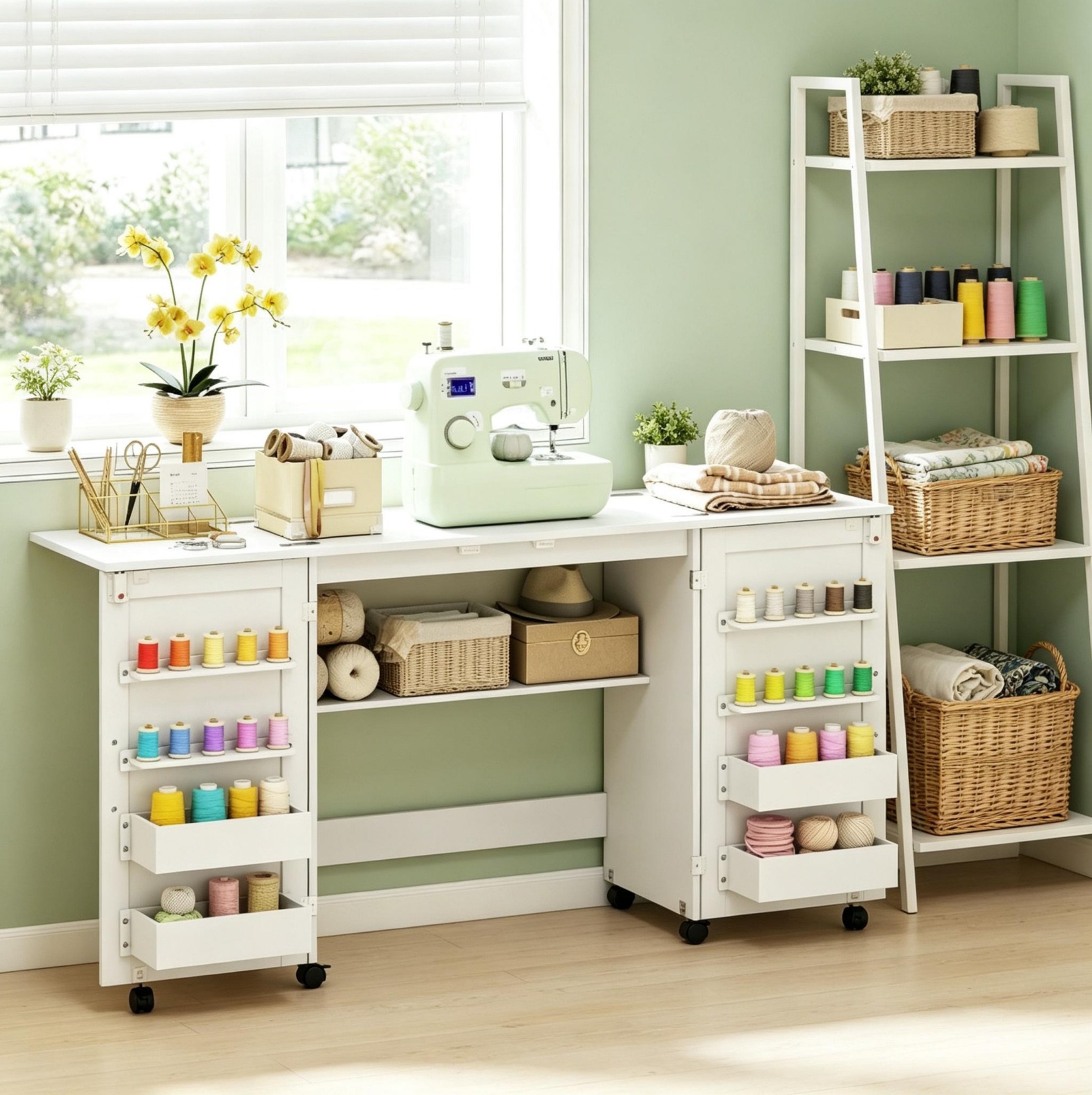 Klappbarer Nähschrank Mit Rollen, Stauraum Und Regal, Weiß Havrya