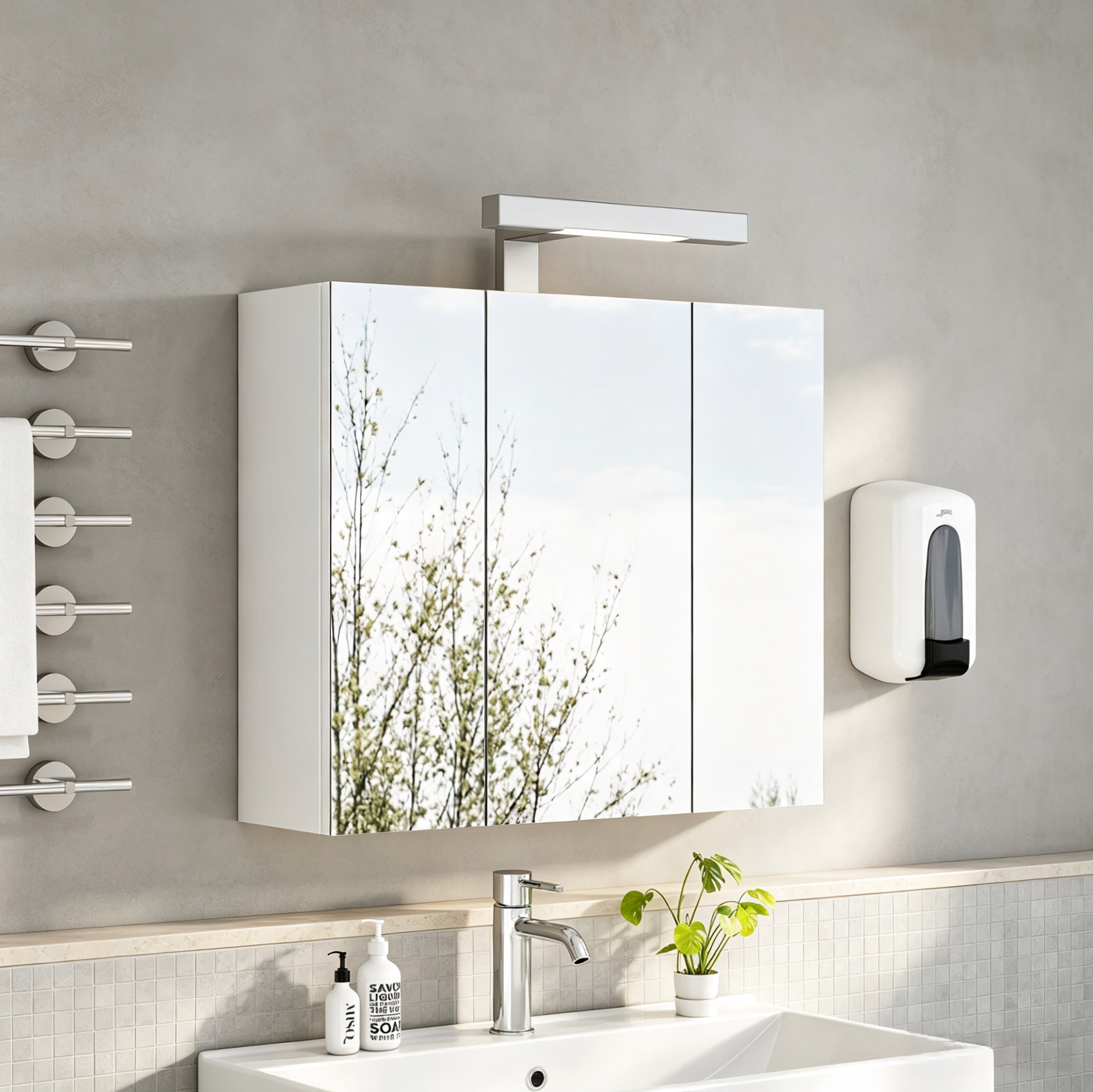 Badezimmer-spiegelschrank 60 Cm, 3 Türen, Led, Steckdose, Weiß Havrya