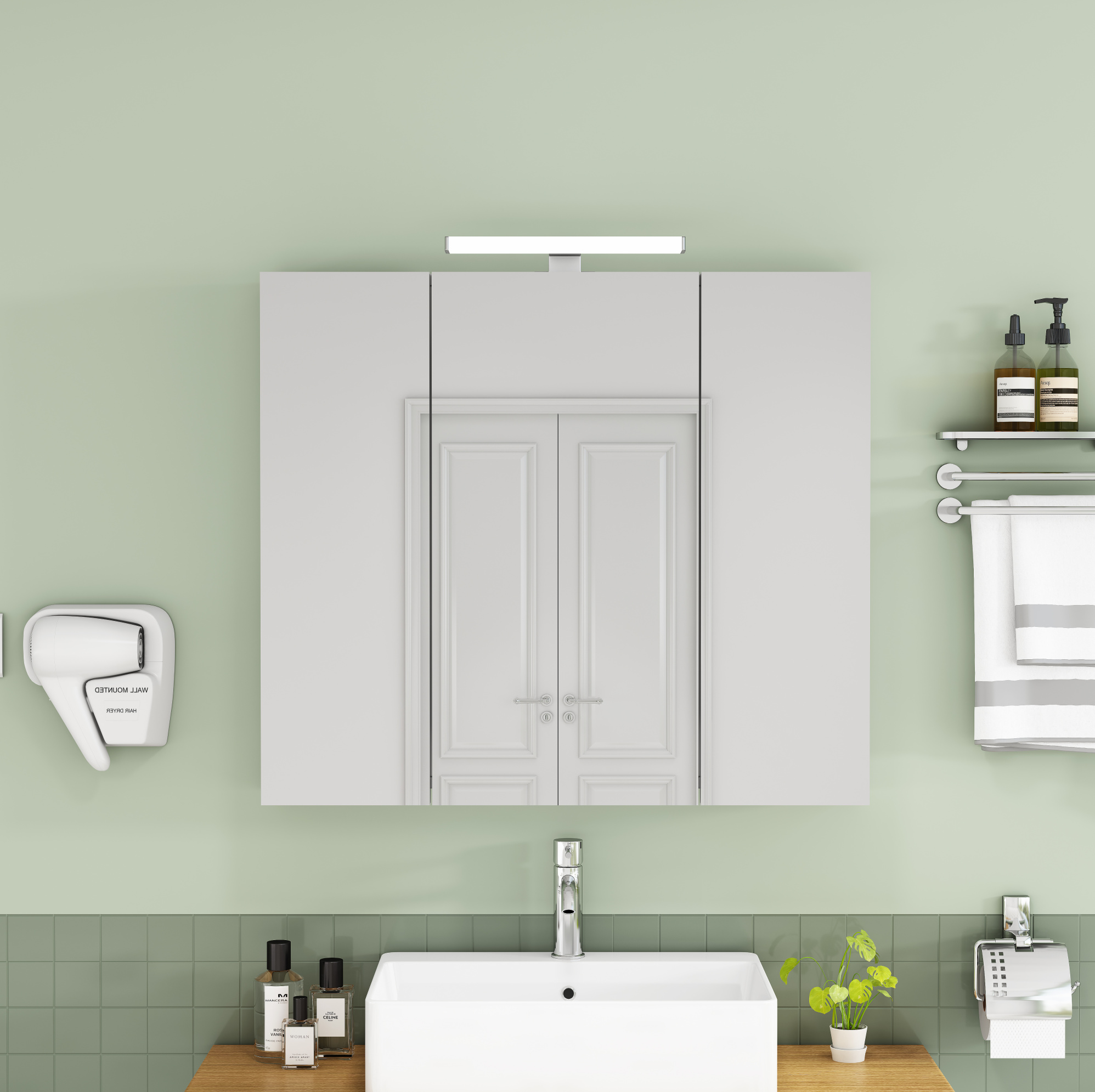 Badezimmerspiegelschrank 80 Cm, 3 Türen, Led, Französische Steckdose, Weiß Havrya