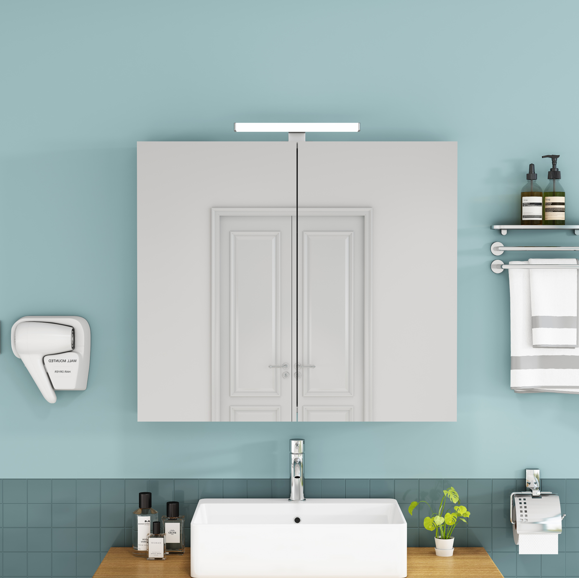 Badezimmerschrank 80 Cm Weiß Mit 2 Türen, Led Und Französischer Steckdose Havrya