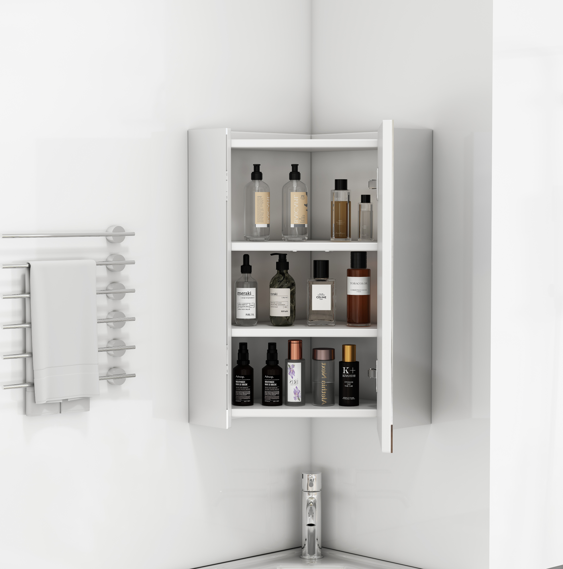 Spiegelschrank Für Die Badezimmerecke, 3 Spiegelseiten, Soft-close-scharniere, Weiß Havrya