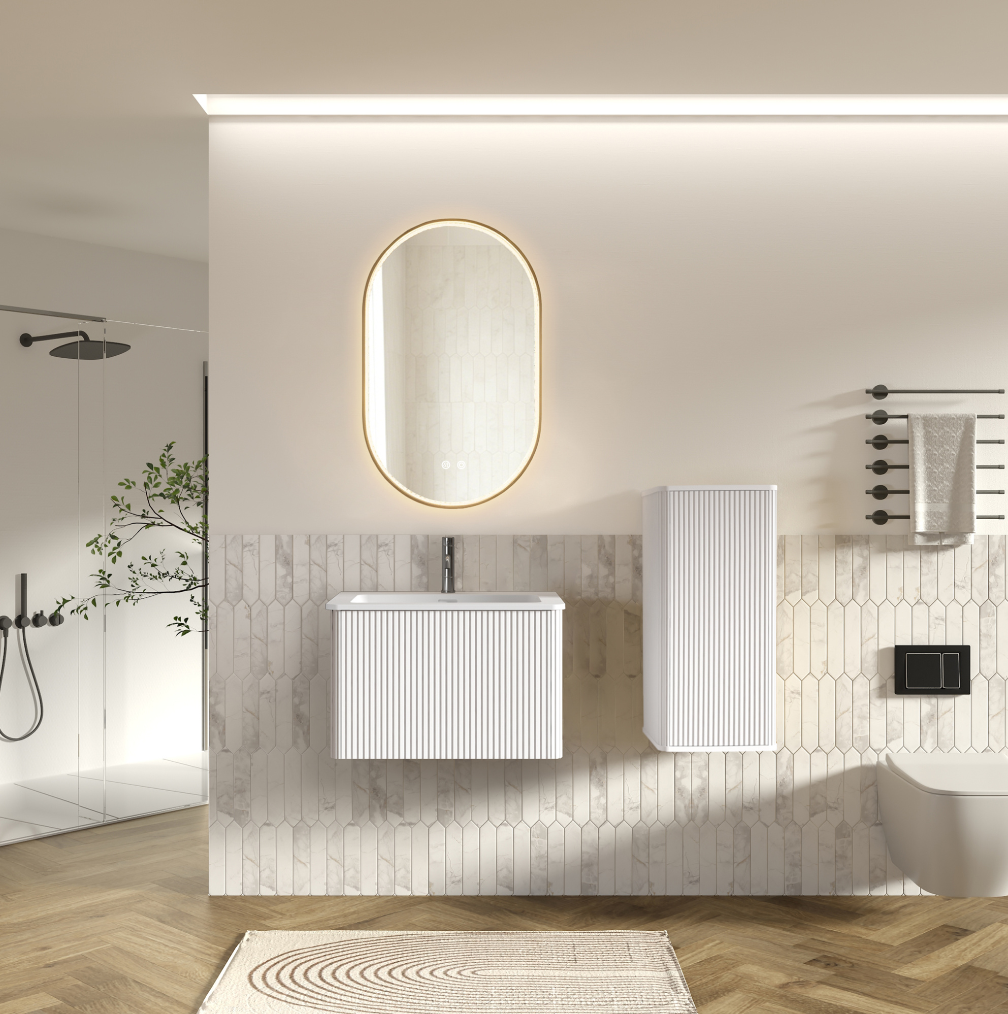 Badmöbel Mit Waschbecken 60 Cm, Ovalem Led-spiegel Und Hochschrank, Weiß Havrya