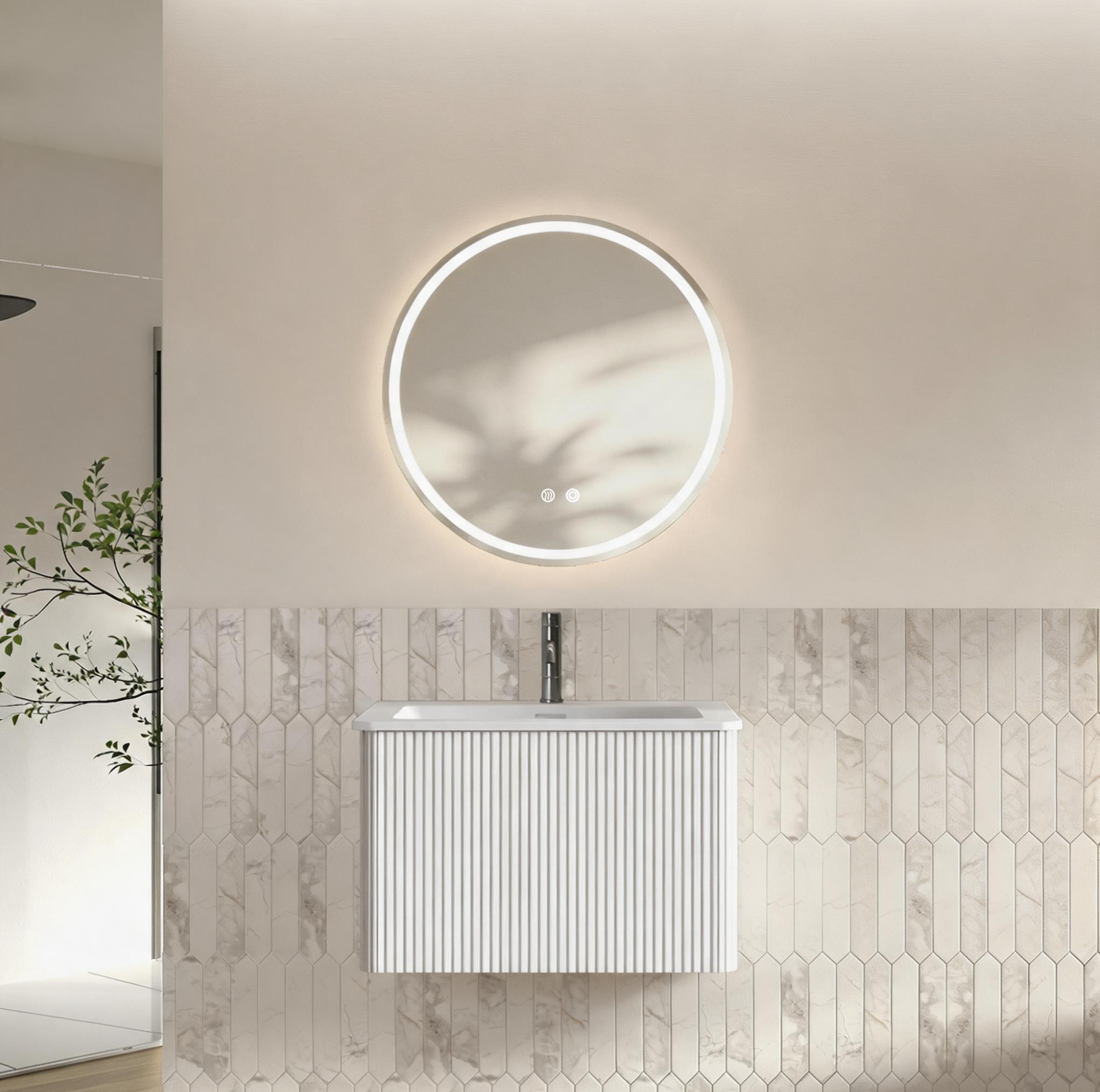Badmöbel Mit Waschbecken 60 Cm Und Led-spiegel, Weiß, Wandmontiert, Vormontiert Havrya