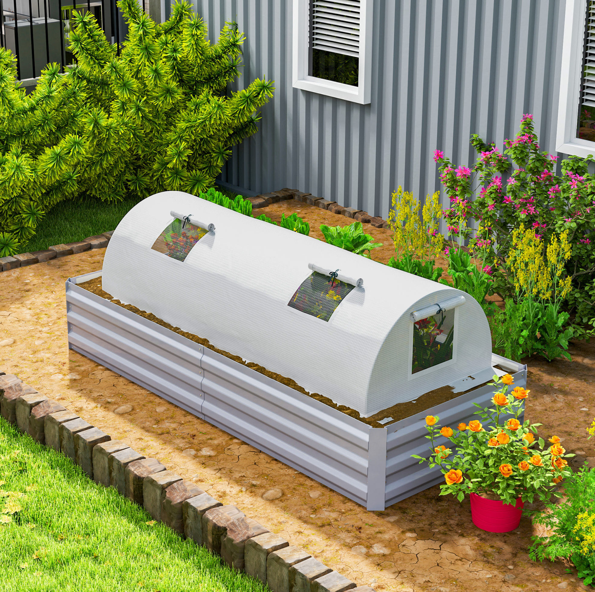Tunnelgewächshaus Mit Gewölbtem Dach Und Aufrollbaren Fenstern, 200 X 80 X 45 Cm, Weiß Havrya