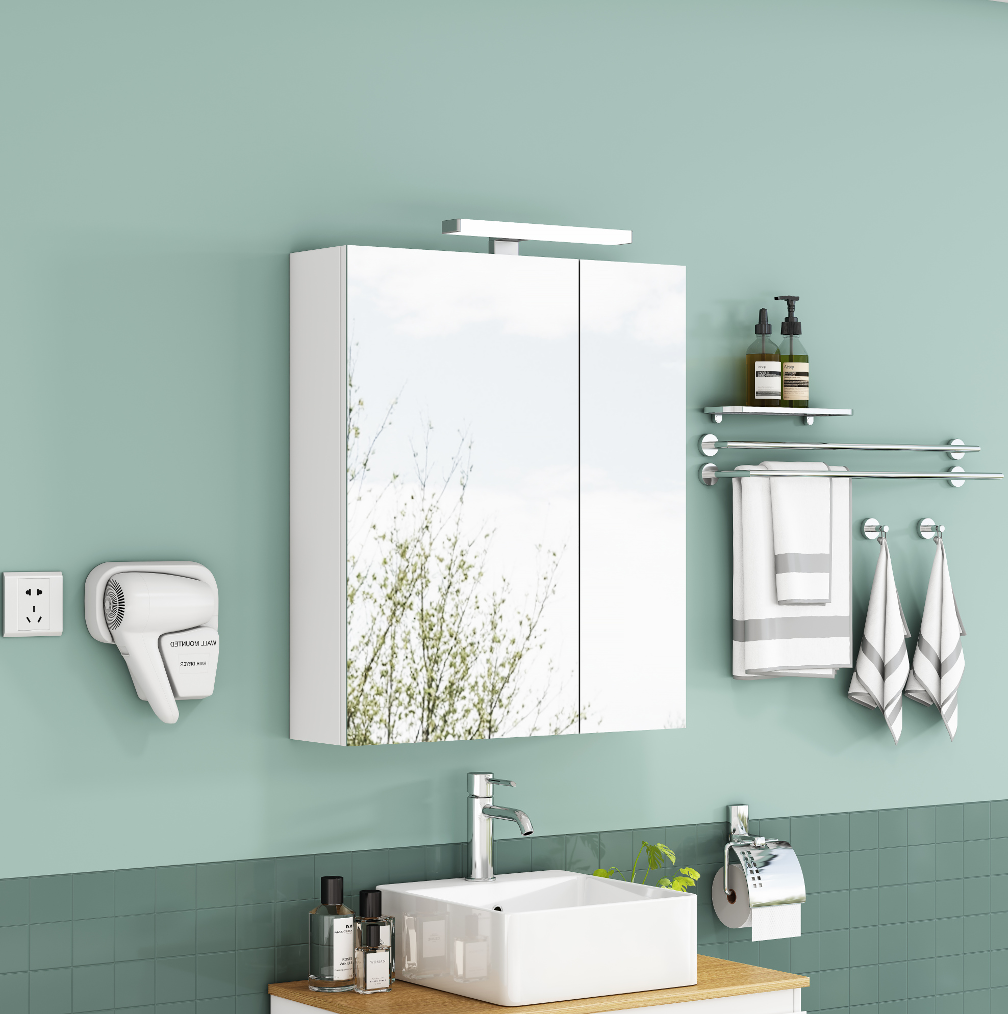 Badmöbel Mit Spiegel 60 Cm, Led, Französische Steckdose, Asymmetrische Türen Havrya