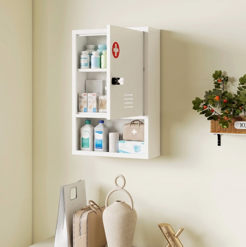 Wand-apothekenschrank Mit Codeschloss Und Schlüssel, 3 Ebenen, 40 X 15 X 60 Cm, Weiß Havrya
