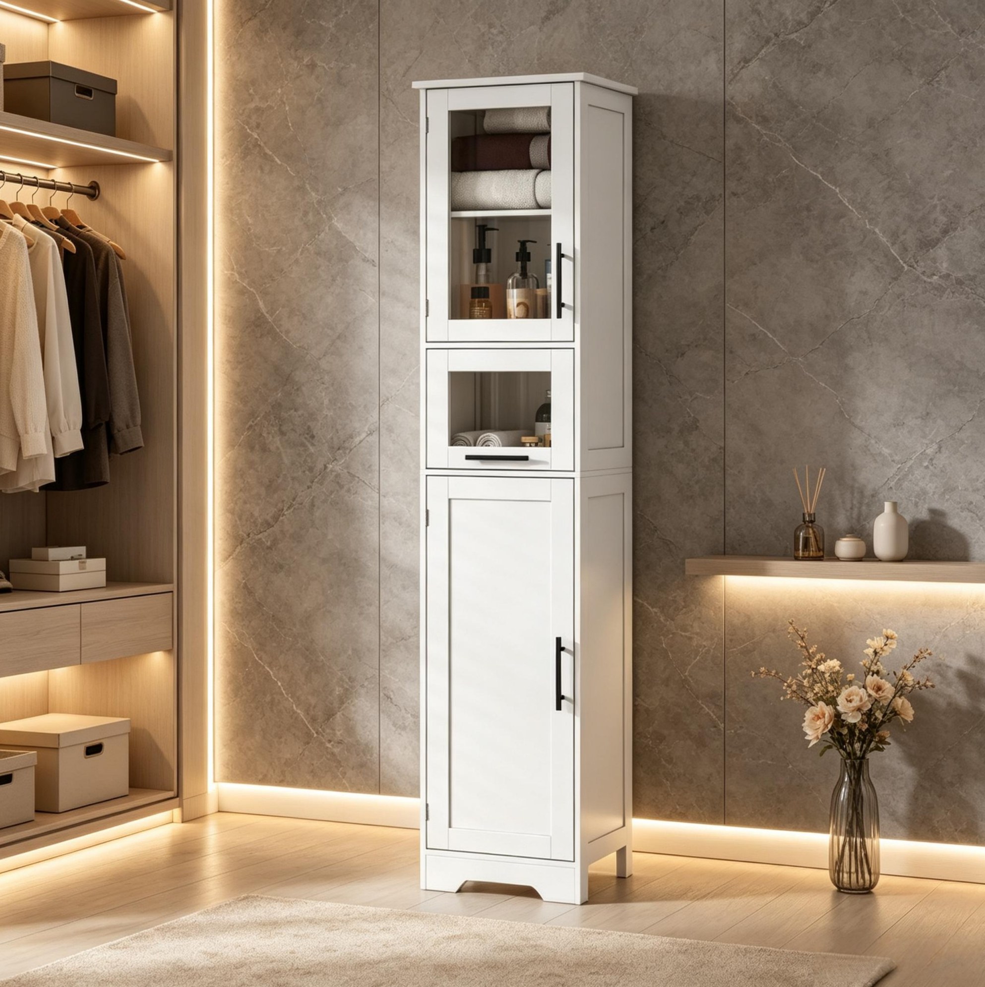Badezimmer-hochschrank 40 X 31 X 170 Cm, 1 Schublade, 2 Türen, Weiß Havrya