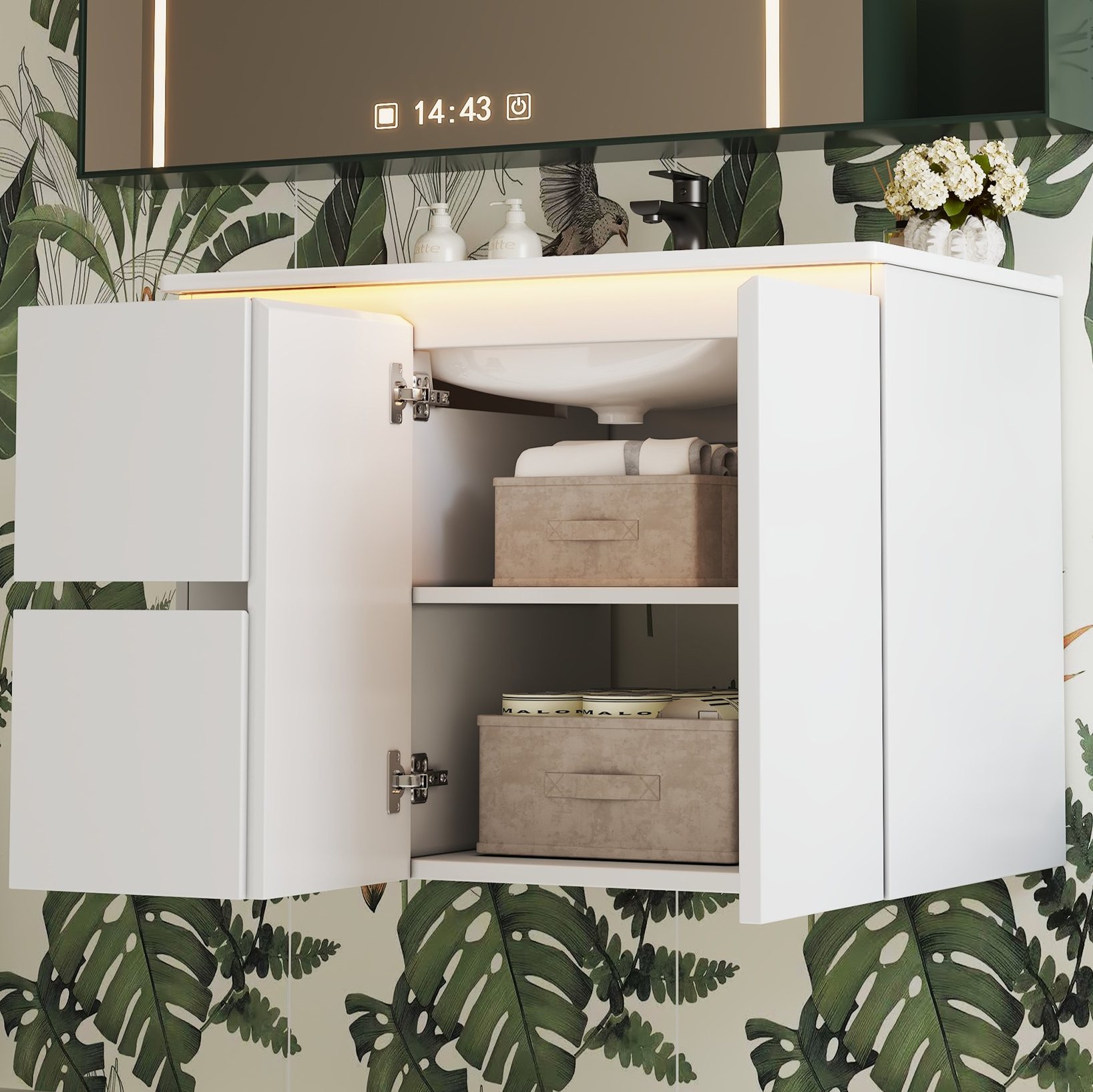 Waschtischunterschrank Mit Becken 76 X 47 X 57 Cm, Wandhängend, Led-radarsensor, Weiß Havrya