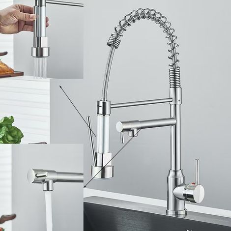 Querfederarmatur Für Küchenspülen, Geschirrspülbecken Und Gemüseschubladen, Universelle Spritzschutzarmatur Mit Doppeltem Schwenkauslauf - Gehäuse Aus Gebürstetem Stahl [doppelfunktion]