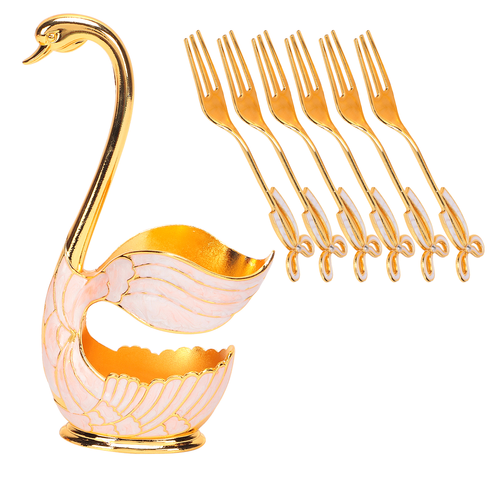 Geschirrsets Für Kaffee, Obst Und Desserts, Löffel Für Den Haushalt Mit Schwanenhalter-dekoration (goldene Weiße Gabel)