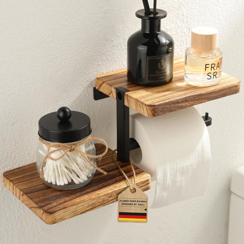 Wandmontierter Toilettenpapierhalter Aus Naturbelassenem, Verkohltem Holz – Mit Ablage – Tragkraft 5 Kg – Für Bad Und Küche