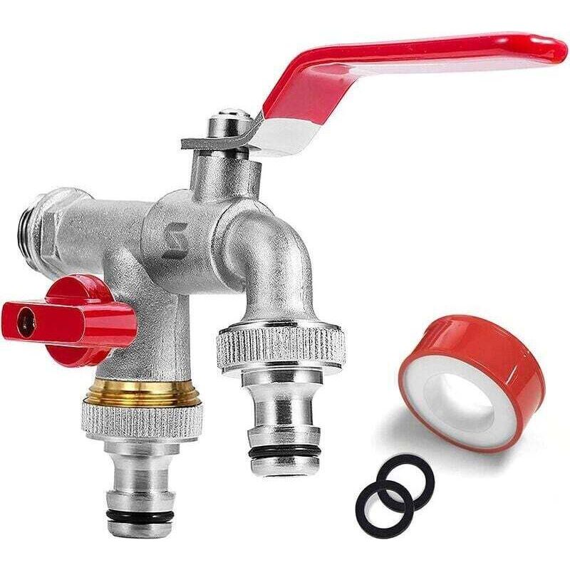 Zweiloch-gartenarmatur Mit Zwei 3/4"-ausgängen Und Einem 1/2"-zulauf, Rollendichtung, Doppelanschluss Und Schlauchverbinder. Geeignet Für Gärten Und Wassertanks.