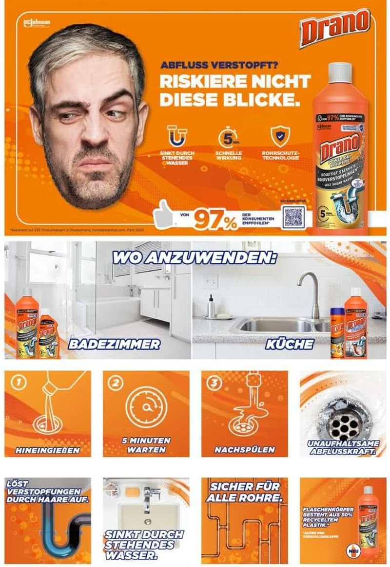 Drano Küchen-Gel Rohrreiniger Rohrfrei Abflussreiniger Verstopfungen Küche 1 L Bild 4