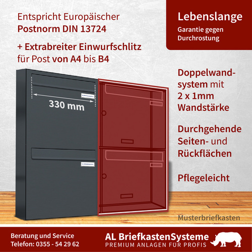 AL BRIEFKASTENSYSTEME Briefkasten, Parteien: 8, Zaundurchwurf, BxHxT: 153,6 x 68,4 x 11,6 cm - grau Bild 4